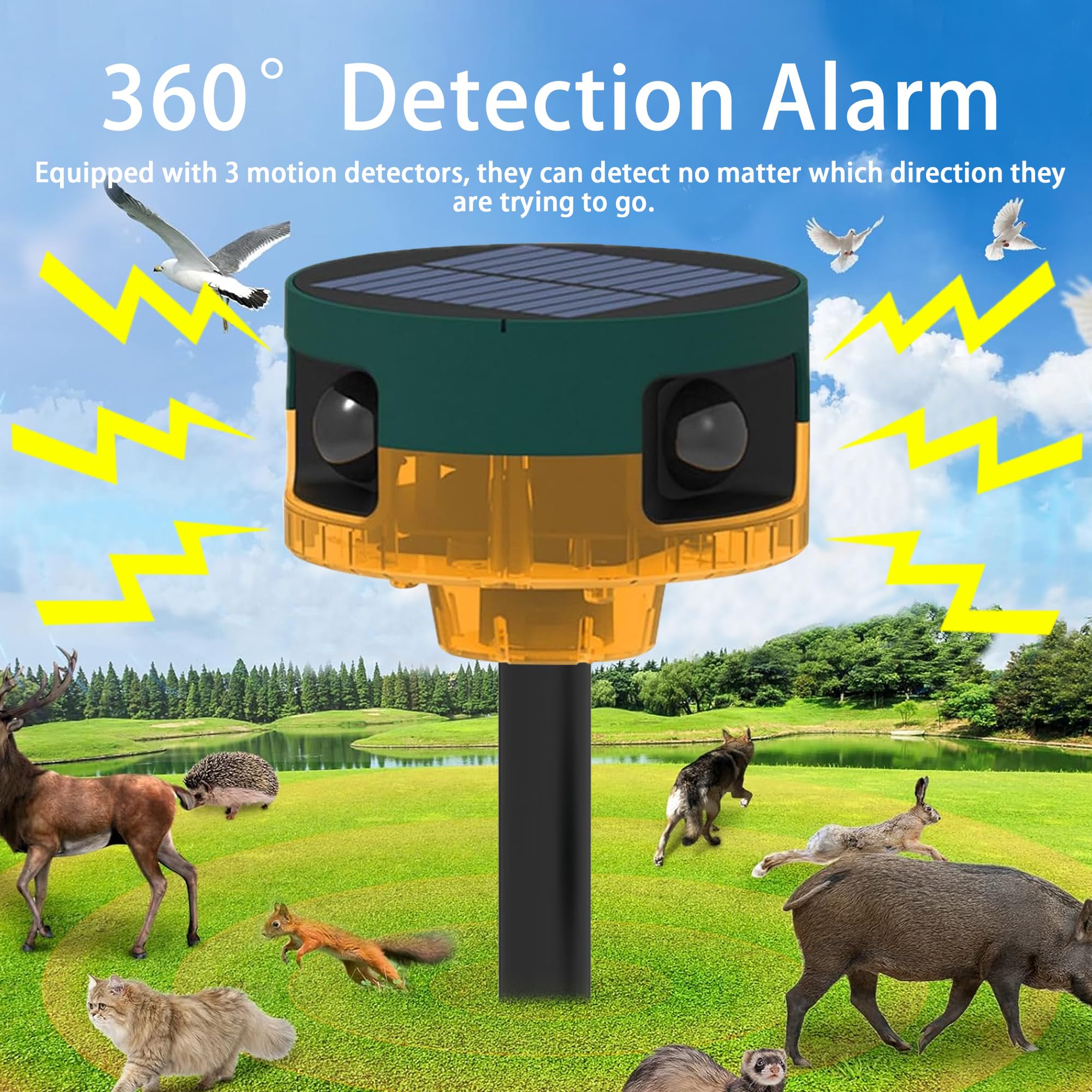 Solar Outdoor Motion Sensor Alarm: Dog Barking&Gunshot Sound, 129db Loud Siren,Support Recording, 13 Kinds of Sound Strobe Light Yellow 1 Pack - Image 5