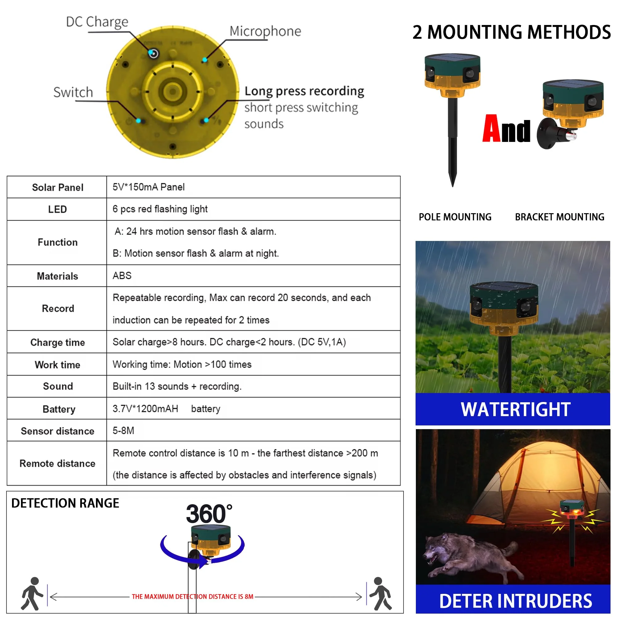 Solar Outdoor Motion Sensor Alarm: Dog Barking&Gunshot Sound, 129db Loud Siren,Support Recording, 13 Kinds of Sound Strobe Light Yellow 1 Pack - Image 7