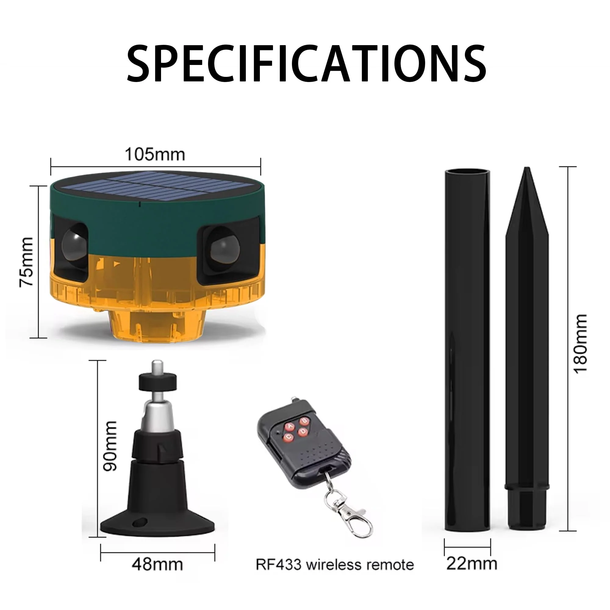 Solar Outdoor Motion Sensor Alarm: Dog Barking&Gunshot Sound, 129db Loud Siren,Support Recording, 13 Kinds of Sound Strobe Light Yellow 1 Pack - Image 8