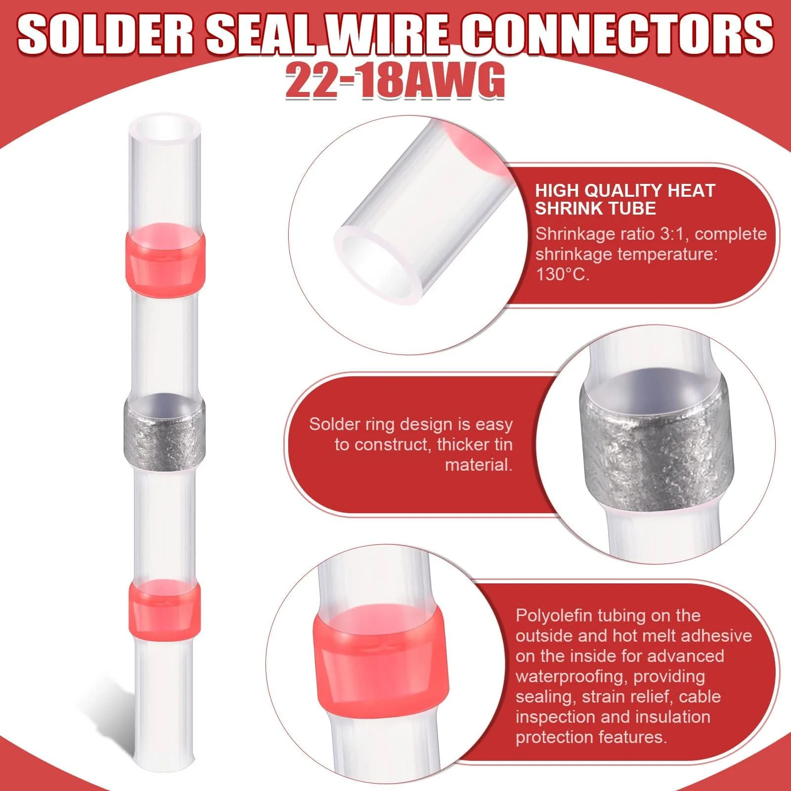 Solder Connector with Heat Shrink Tube, Pack of 150 Solder Connectors, Red, AWG22-18 Cable Connectors, Waterproof Heat Shrink Tubing, Insulated Crimp Connectors, Butt Connector for Automotive, 150pcs Red AWG22-18 - Image 3