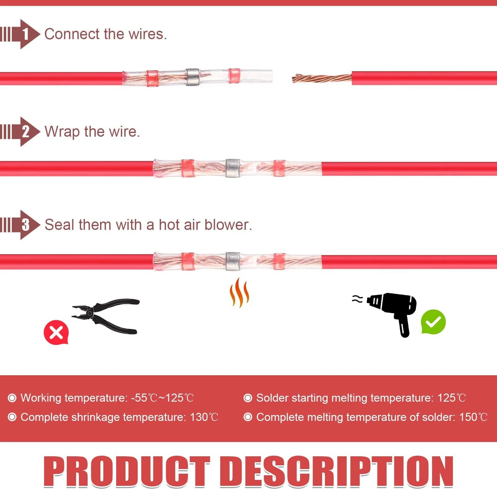 Solder Connector with Heat Shrink Tube, Pack of 150 Solder Connectors, Red, AWG22-18 Cable Connectors, Waterproof Heat Shrink Tubing, Insulated Crimp Connectors, Butt Connector for Automotive, 150pcs Red AWG22-18 - Image 4