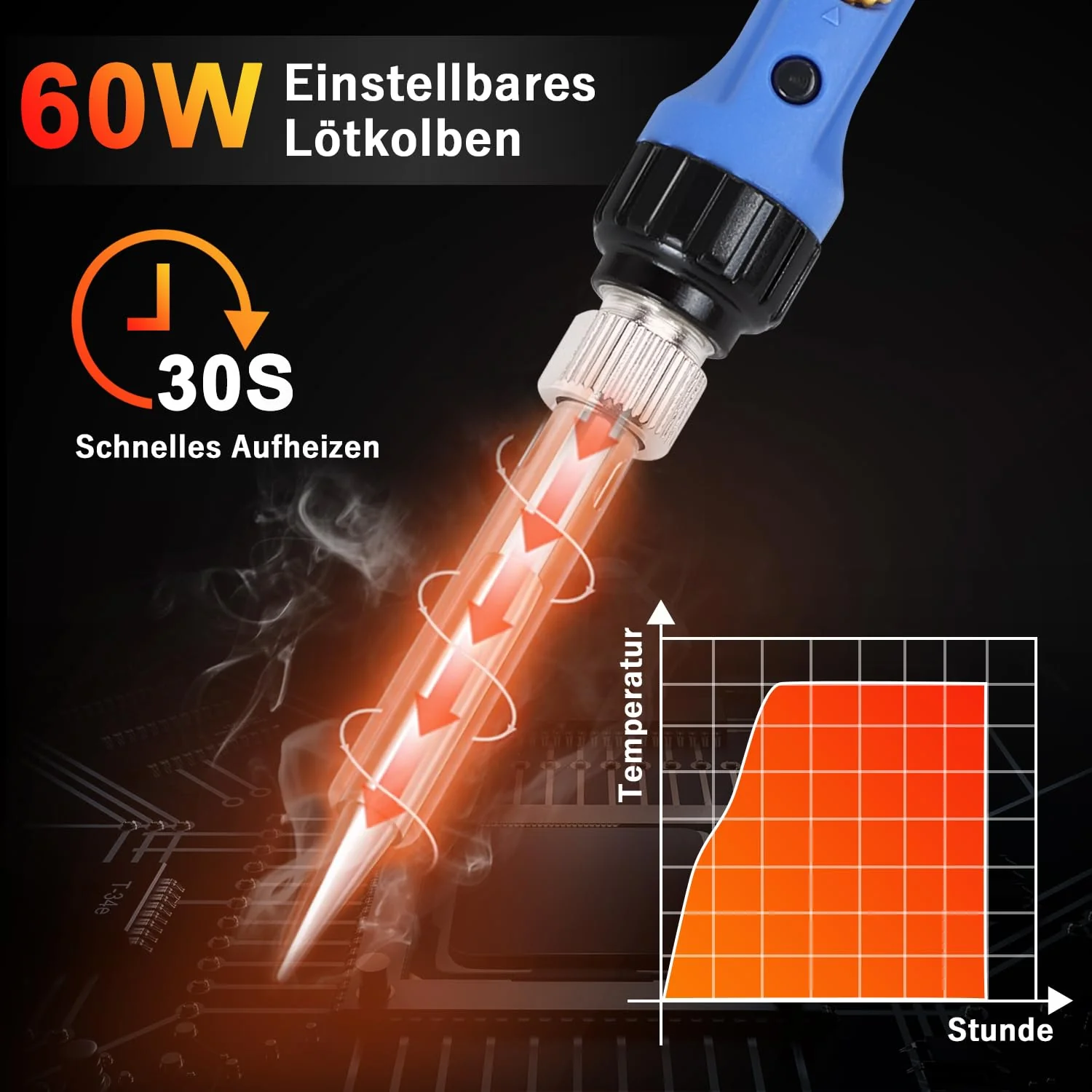 Soldering Iron 60 W, Soldering Iron Set with Solder, Temperature Adjustable 220-480 °C, On/Off Switch, 30 g Soldering Wire, 5 Soldering Tips, Soldering Iron Set for Electrical Engineering Repairs Blue- 1 - Image 2