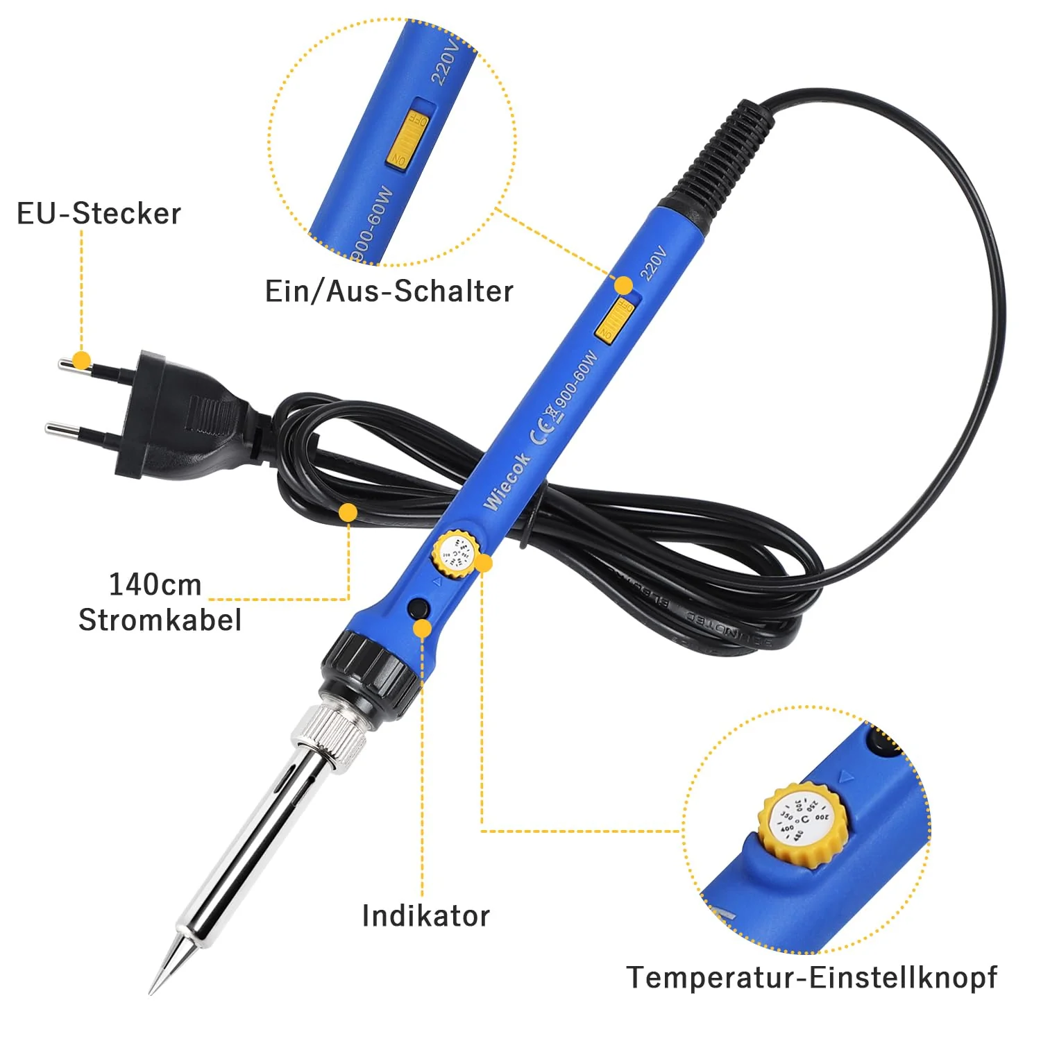 Soldering Iron 60 W, Soldering Iron Set with Solder, Temperature Adjustable 220-480 °C, On/Off Switch, 30 g Soldering Wire, 5 Soldering Tips, Soldering Iron Set for Electrical Engineering Repairs Blue- 1 - Image 3