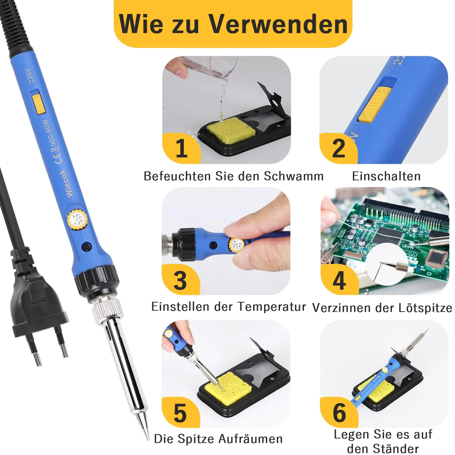 Soldering Iron 60 W, Soldering Iron Set with Solder, Temperature Adjustable 220-480 °C, On/Off Switch, 30 g Soldering Wire, 5 Soldering Tips, Soldering Iron Set for Electrical Engineering Repairs Blue- 1 - Image 5