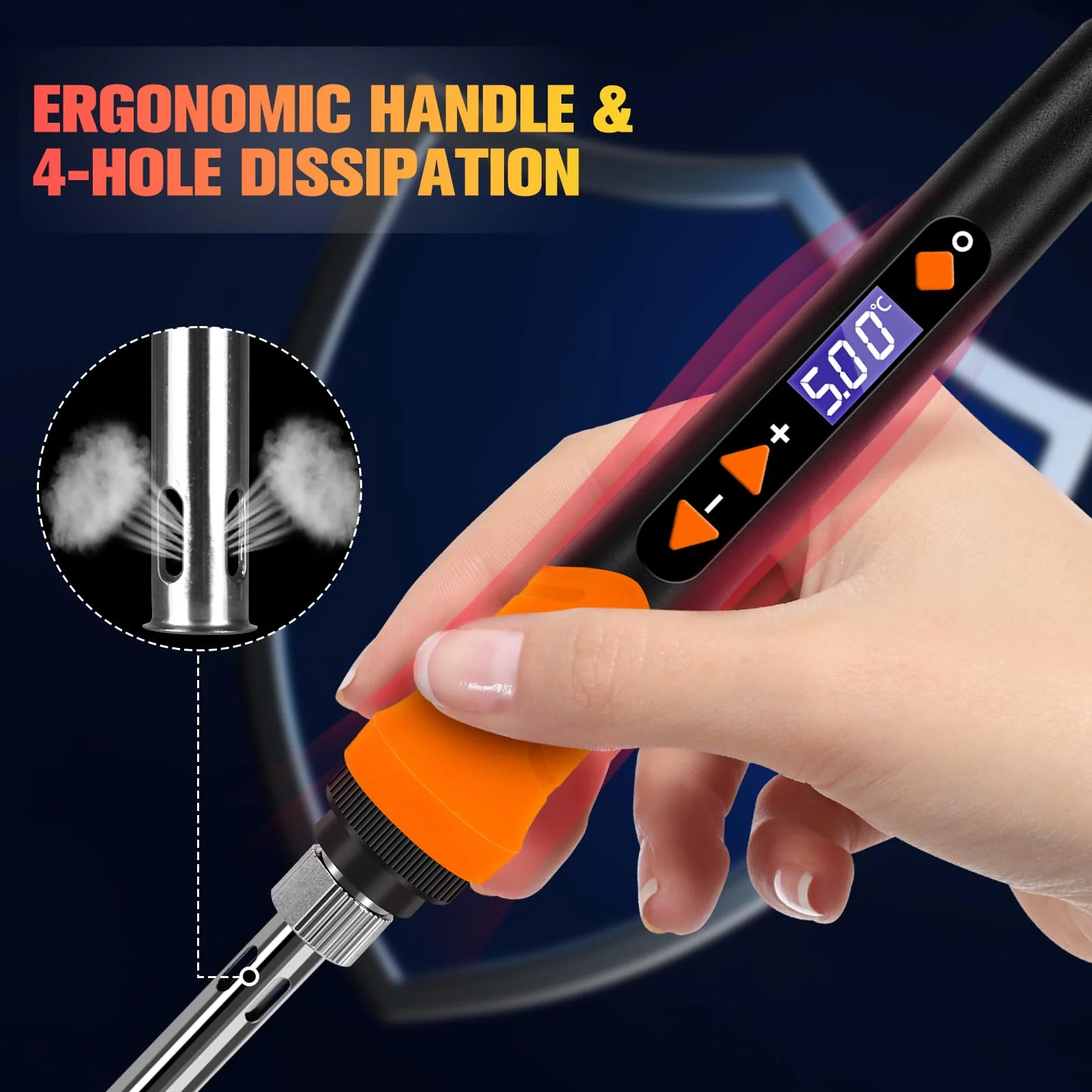 Soldering Iron, 90W Soldering Kit, LCD 12-in-1 Soldering Tool, Adjustable Temperature 200-500°C, with 5 x Replaceable Soldering Iron Tips, Desoldering Wire, Lead-Free Soldering Wire, Desoldering Pump, Orange Colour. - Image 3