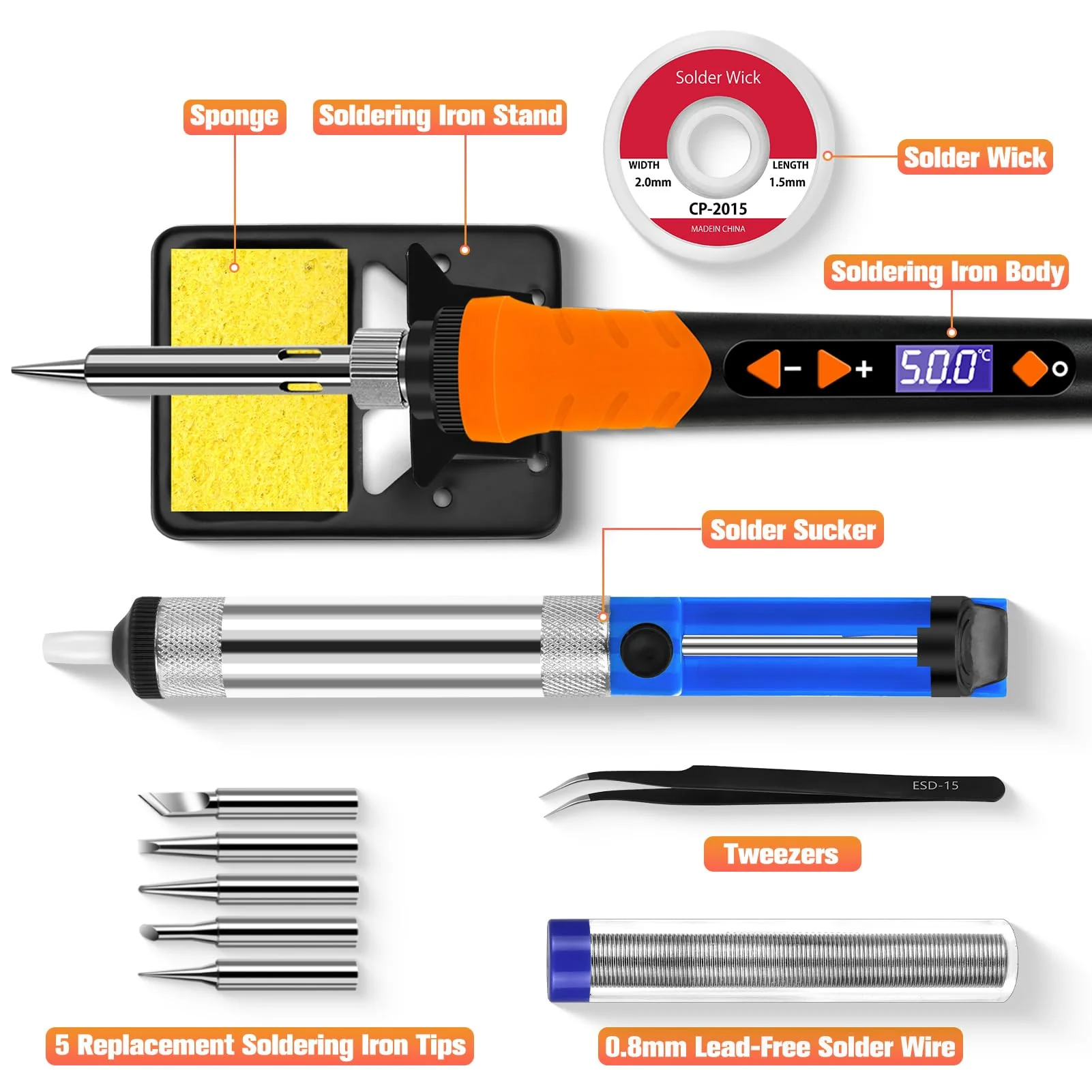 Soldering Iron, 90W Soldering Kit, LCD 12-in-1 Soldering Tool, Adjustable Temperature 200-500°C, with 5 x Replaceable Soldering Iron Tips, Desoldering Wire, Lead-Free Soldering Wire, Desoldering Pump, Orange Colour. - Image 4