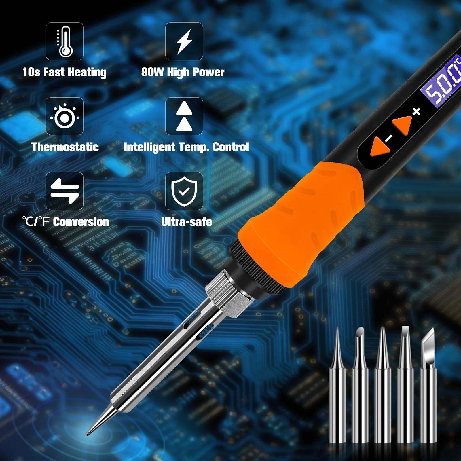 Soldering Iron, 90W Soldering Kit, LCD 12-in-1 Soldering Tool, Adjustable Temperature 200-500°C, with 5 x Replaceable Soldering Iron Tips, Desoldering Wire, Lead-Free Soldering Wire, Desoldering Pump, Orange Colour. - Image 5