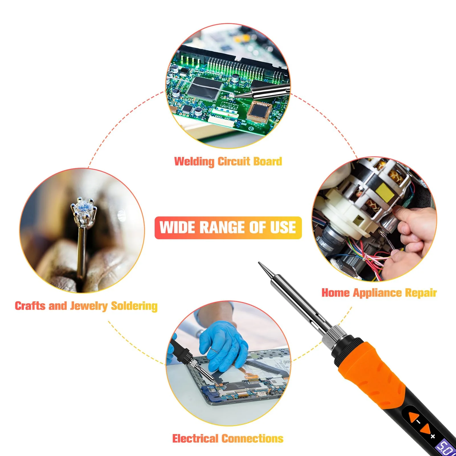 Soldering Iron, 90W Soldering Kit, LCD 12-in-1 Soldering Tool, Adjustable Temperature 200-500°C, with 5 x Replaceable Soldering Iron Tips, Desoldering Wire, Lead-Free Soldering Wire, Desoldering Pump, Orange Colour. - Image 6