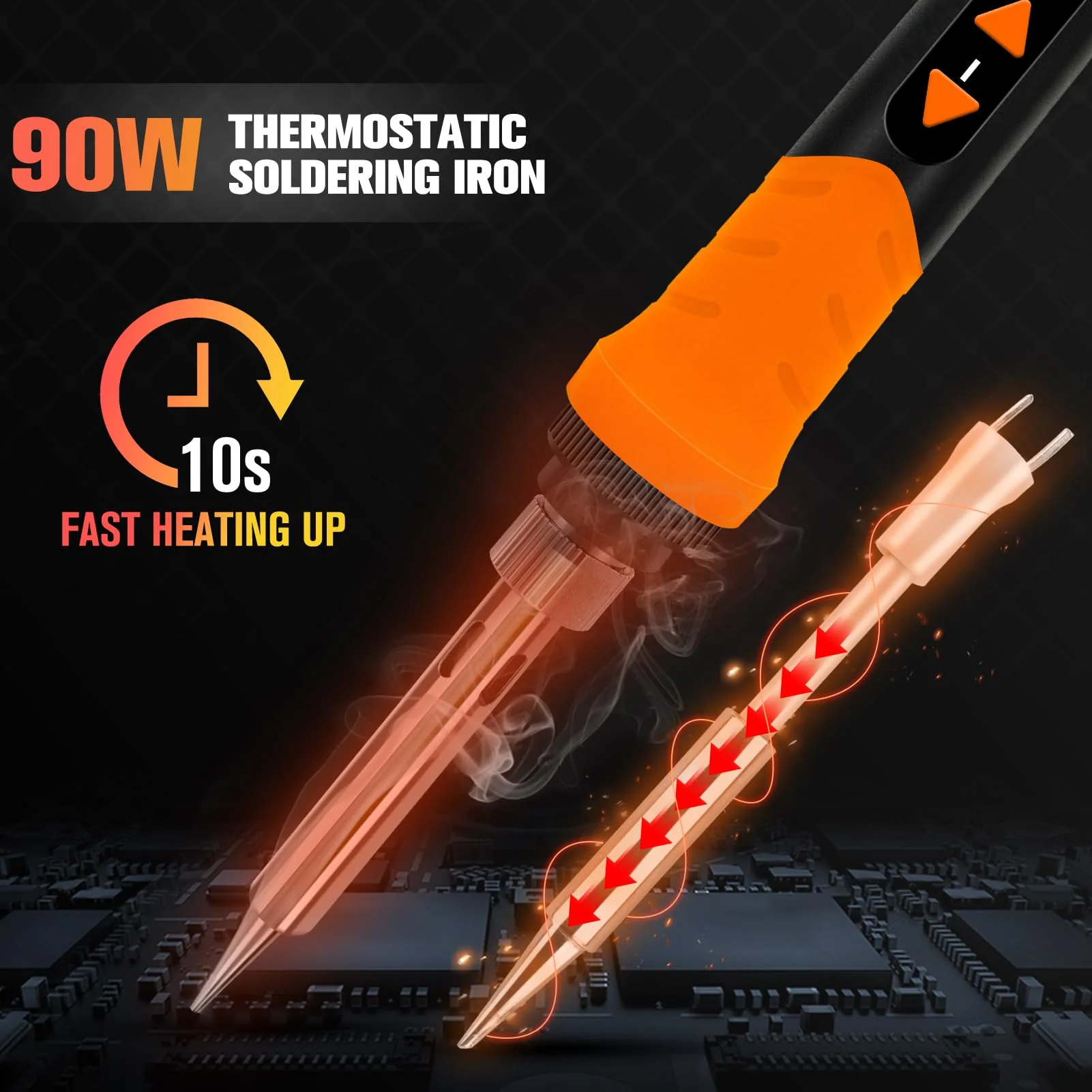 Soldering Iron, 90W Soldering Kit, LCD 12-in-1 Soldering Tool, Adjustable Temperature 200-500°C, with 5 x Replaceable Soldering Iron Tips, Desoldering Wire, Lead-Free Soldering Wire, Desoldering Pump, Orange Colour. - Image 7