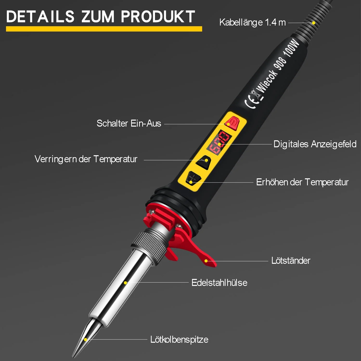 Soldering Iron Set 100 W LCD, Soldering Iron with Adjustable Temperature 200-600 °C Soldering Iron with On/Off Switch, 15 g Soldering Wire, 5 Soldering Tips, Soldering Set for Electrical Work Black - Image 3