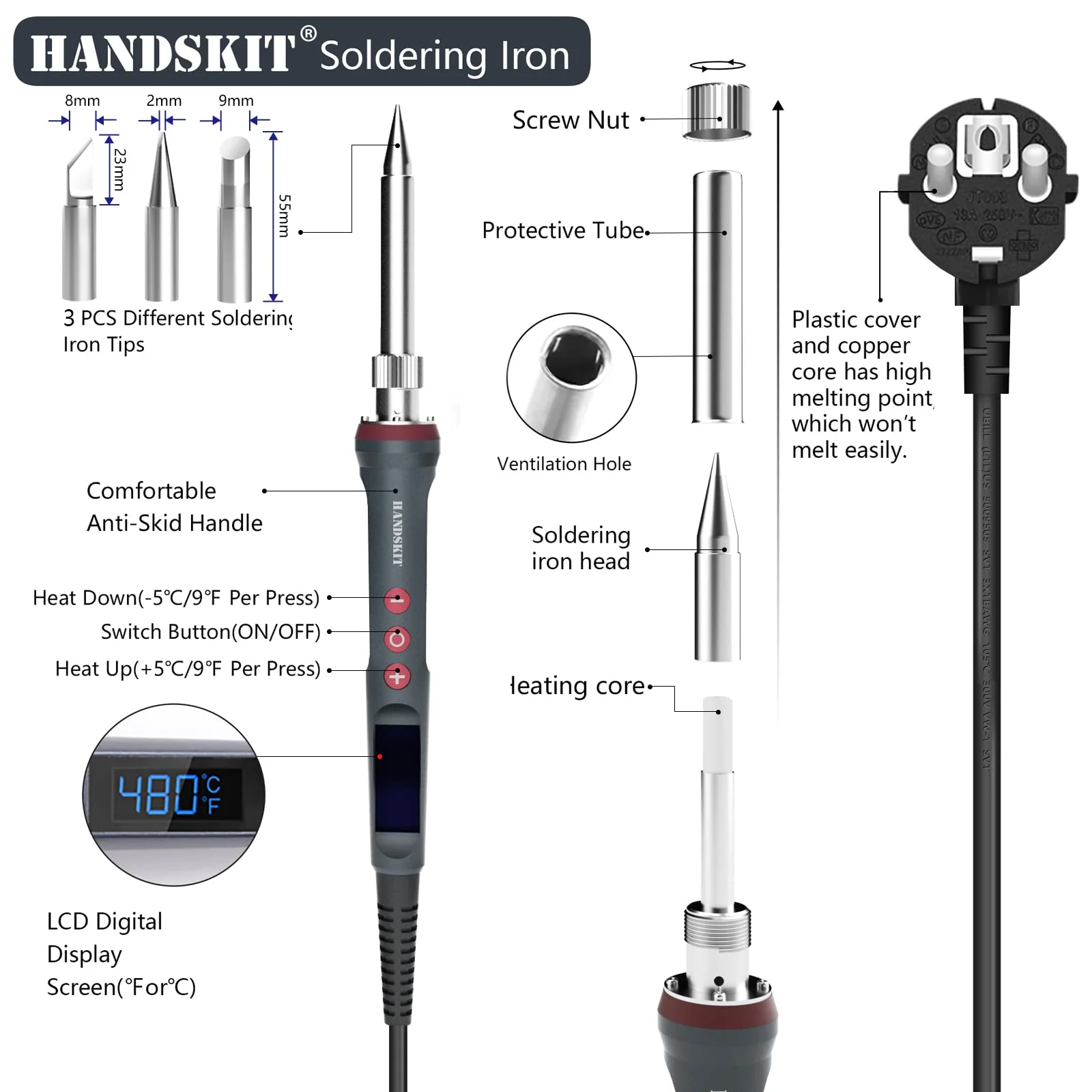 Soldering Iron Set 200 W 220 V, Soldering Iron with LED Display, 6 in 1 Soldering Set with Temperature Adjustable 180-480 °C, 3 Soldering Tips, Soldering Iron Stand, Soldering Iron for Soldering Large 927-200w-new - Image 2