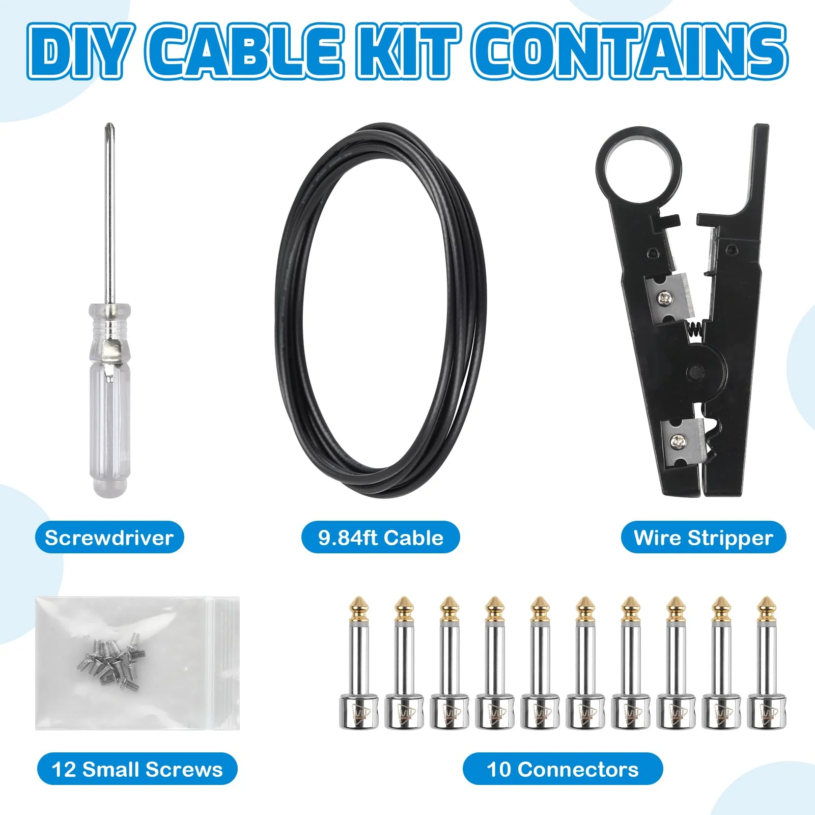 Solderless Pedalboard Cable Kit, 10 Feet Cable & 10 Gold Tip Connectors for Guitar Effects & Pedal Board, DIY Patch Cables with Cutter, Bolt Driver - Image 3