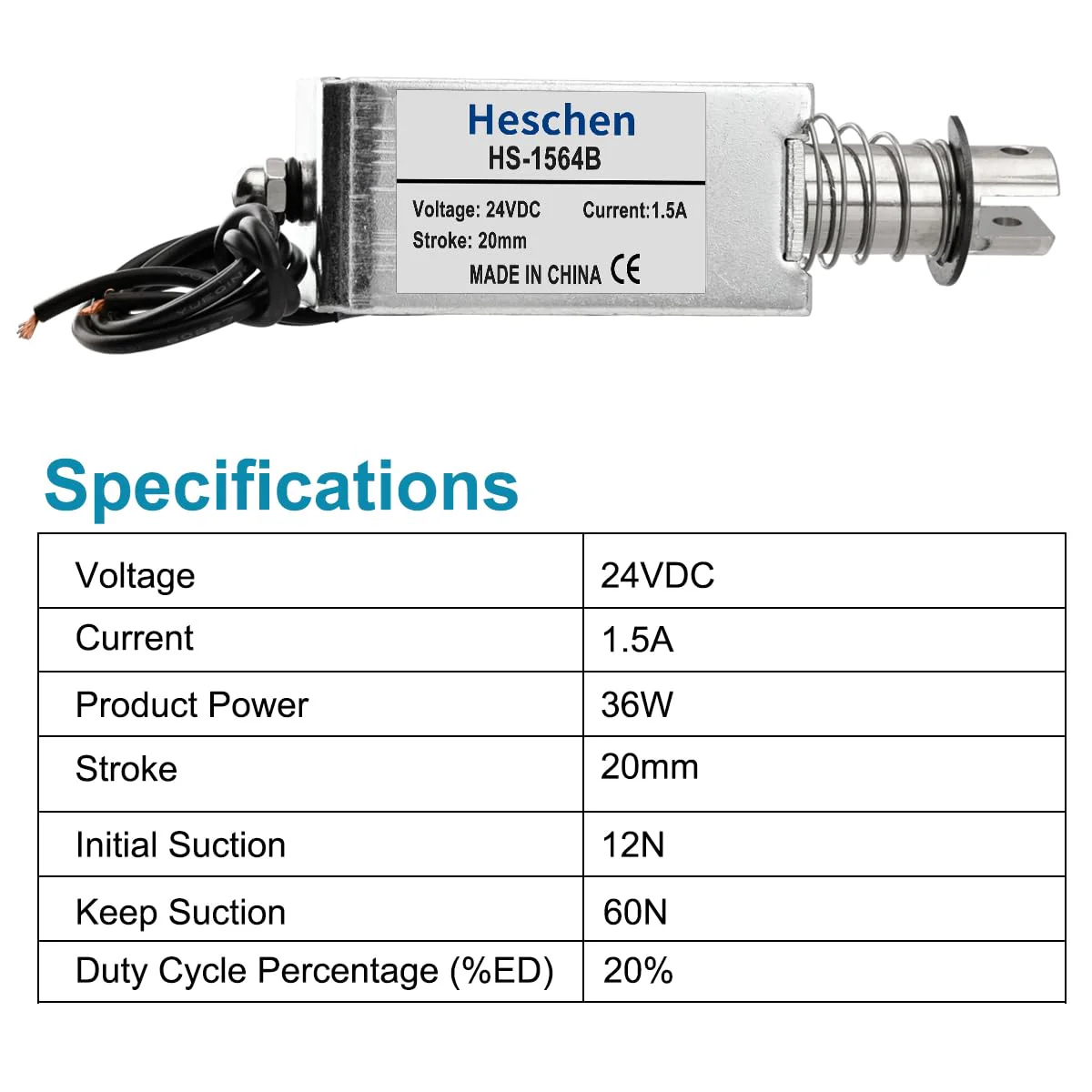 Solenoid Electromagnet, HS-1564B, DC24V 1.5A, 20mm Stroke, Force 60N, Push Pull Type, Open Frame, Linear Motion - Image 3