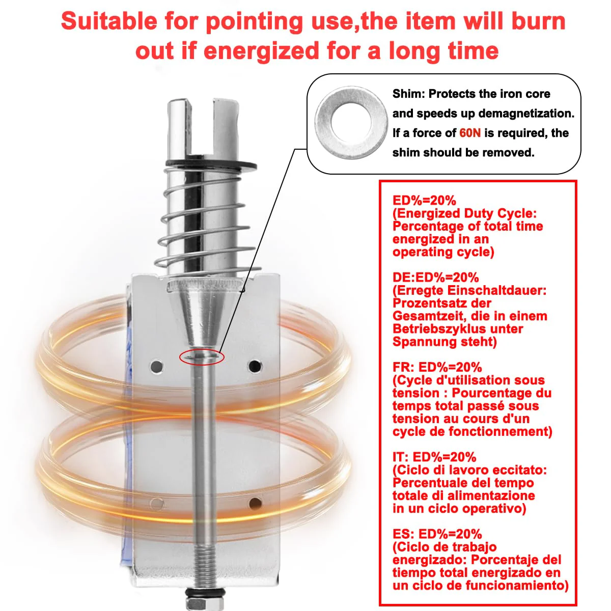 Solenoid Electromagnet, HS-1564B, DC24V 1.5A, 20mm Stroke, Force 60N, Push Pull Type, Open Frame, Linear Motion - Image 4