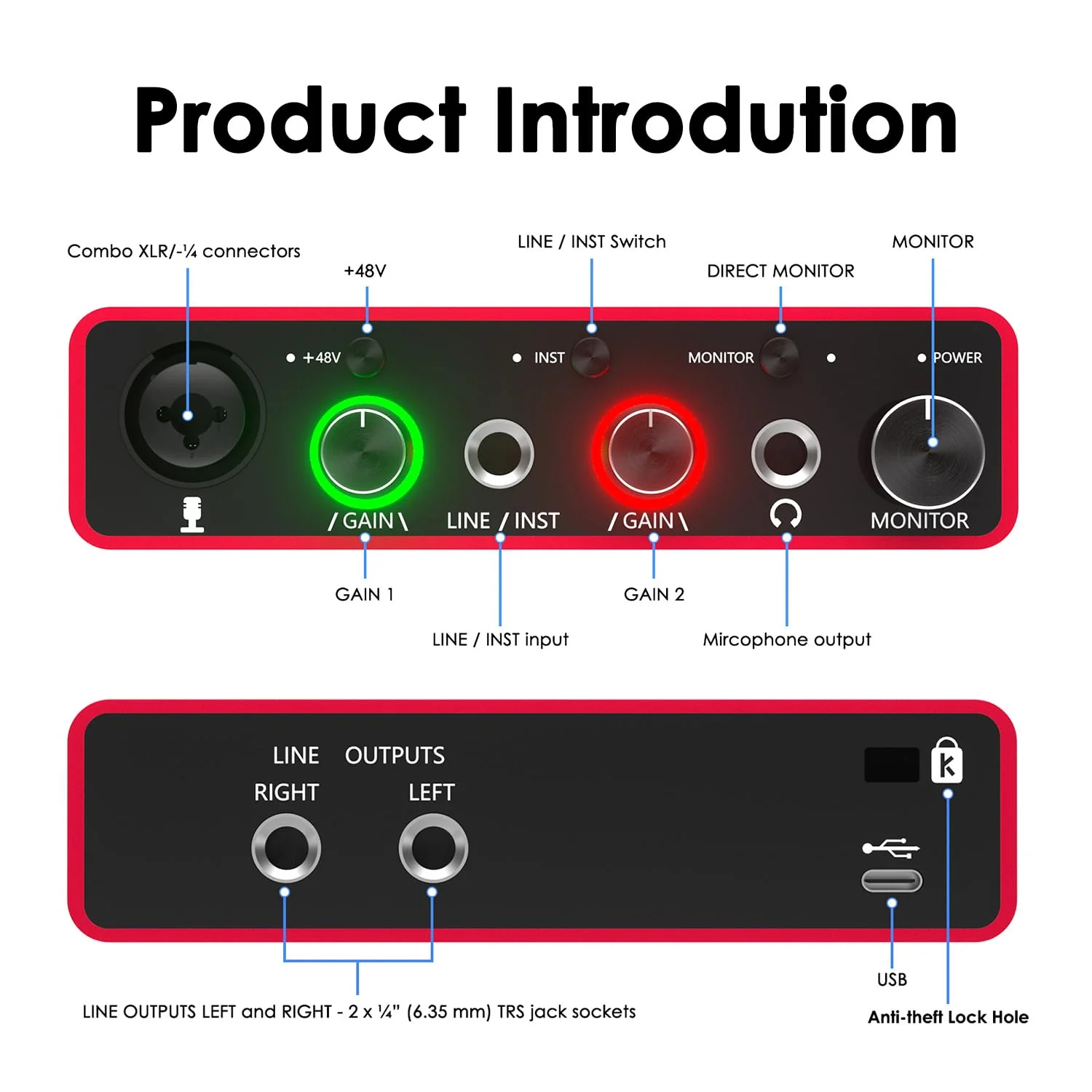 Solo USB Audio Interface for Recording Podcasts and Streaming,24-bit/192kHz,Plug and Play for Professional Recording,XLR Power Supply, Red Audio Interface,for PC and Mac,Noise-Free. Solo USB Audio Interface - Image 3