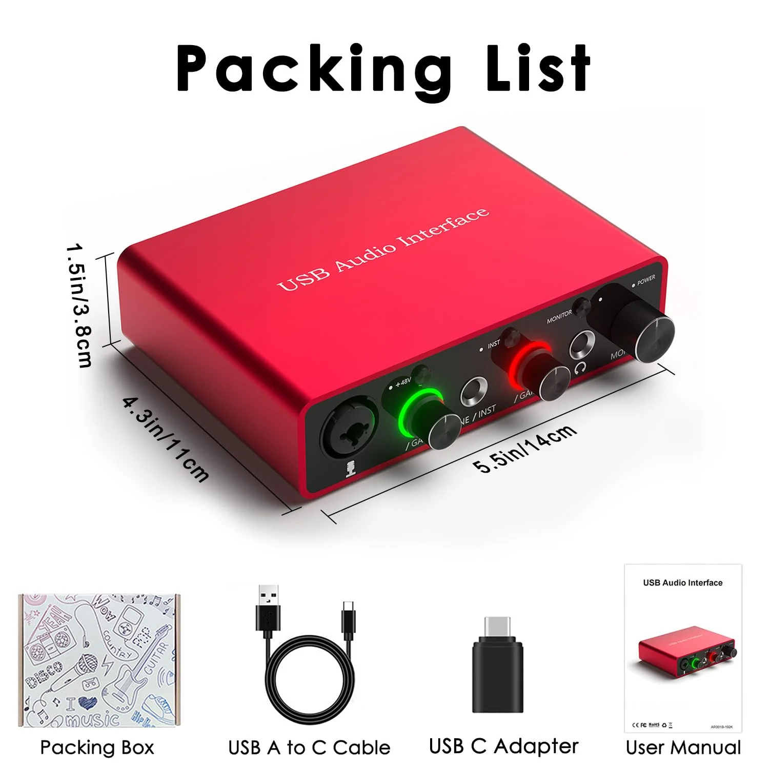 Solo USB Audio Interface for Recording Podcasts and Streaming,24-bit/192kHz,Plug and Play for Professional Recording,XLR Power Supply, Red Audio Interface,for PC and Mac,Noise-Free. Solo USB Audio Interface - Image 4