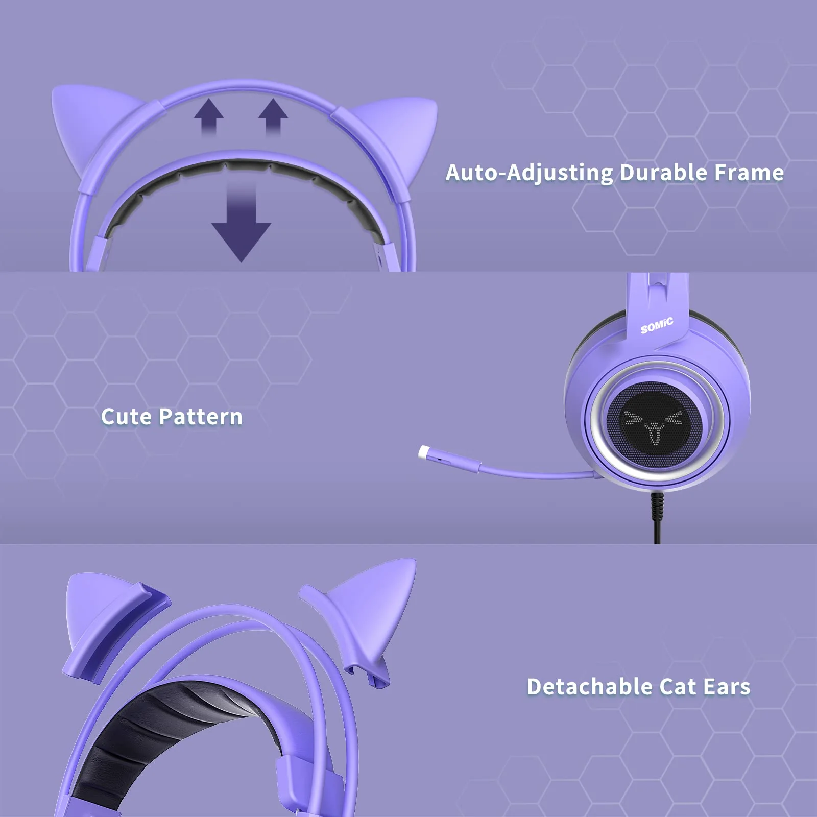 SOMIC G951S Purple Stereo Gaming Headset with Mic for PS4, PS5, Xbox One, PC, Phone, Detachable Cat Ear 3.5MM Noise Reduction Headphones Computer Gaming Headphone Self-Adjusting Gamer Headsets - Image 5