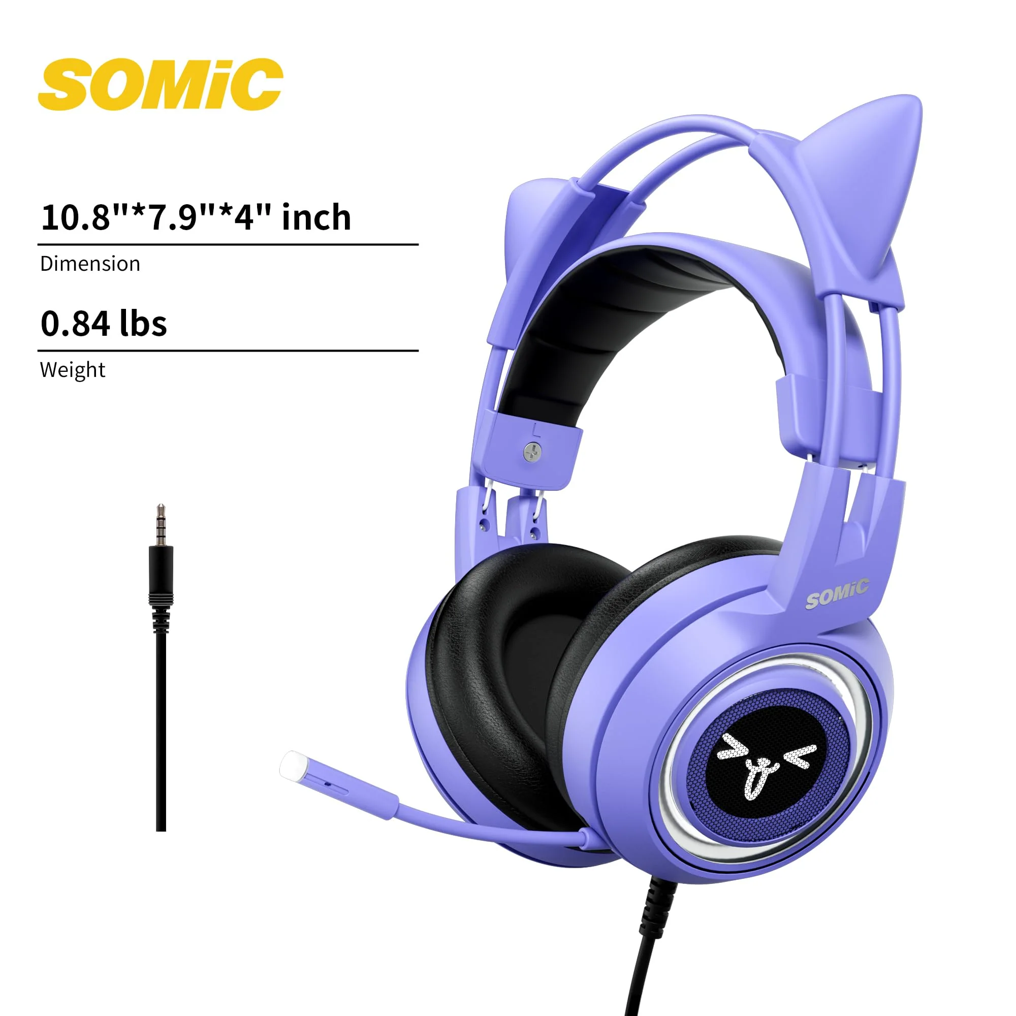 SOMIC G951S Purple Stereo Gaming Headset with Mic for PS4, PS5, Xbox One, PC, Phone, Detachable Cat Ear 3.5MM Noise Reduction Headphones Computer Gaming Headphone Self-Adjusting Gamer Headsets - Image 8