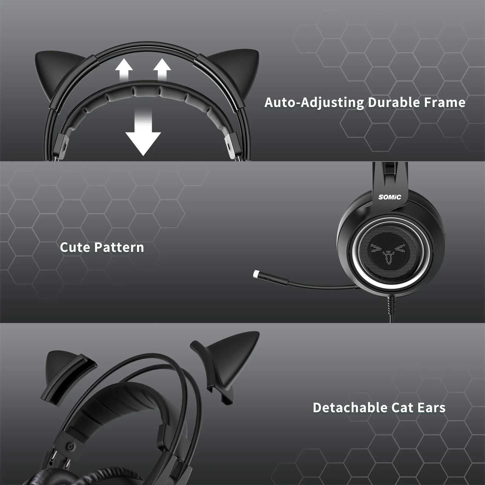 SOMIC Stereo Gaming Headset with Mic for PS4, PS5, Xbox One, PC, Mobile Phone, 3.5MM Sound Detachable Cat Ear Headphones Lightweight Self-Adjusting Over Ear Office Headphones G951S Black - Image 5