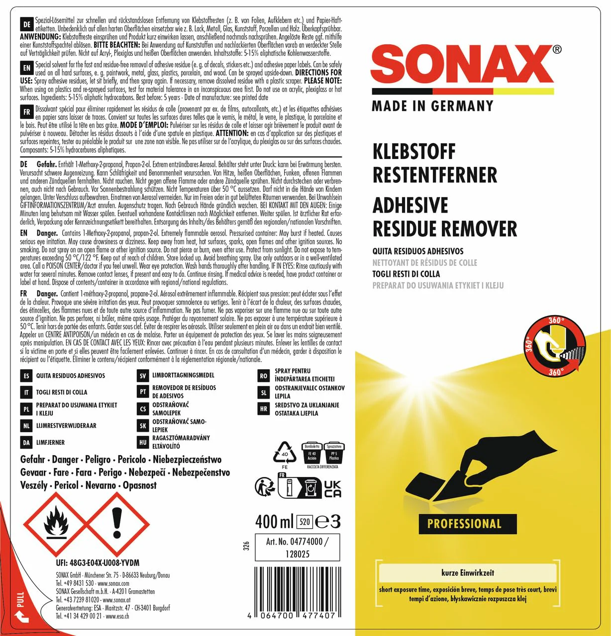 SONAX Adhesive residue remover (400 ml) for quick and residue-free removal of adhesive residue and paper adhesive labels, item no. 04774000 400 ml - Image 2