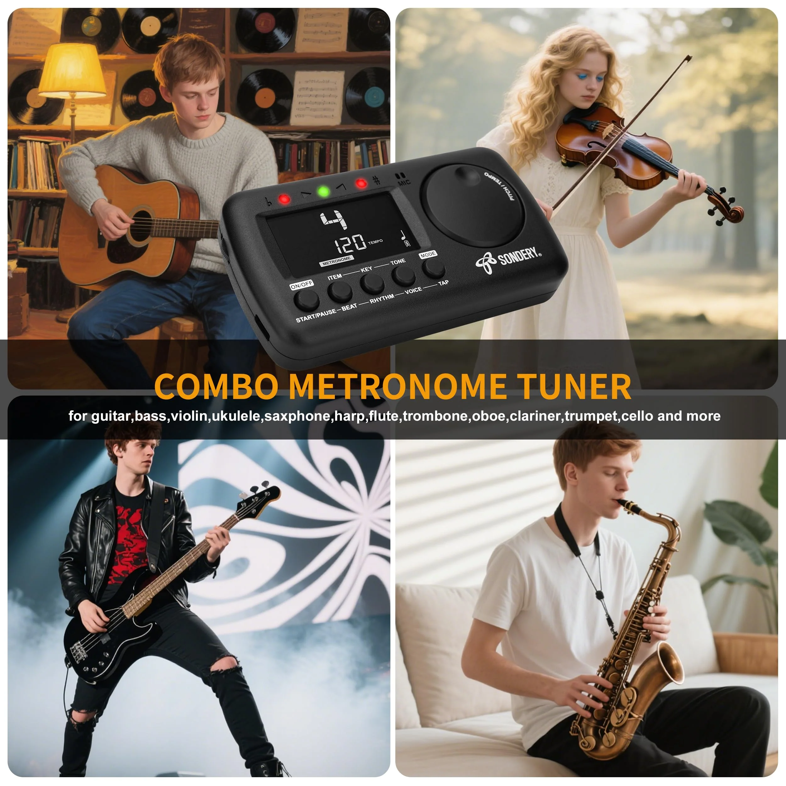 Sondery Digital Metronome Tuner 3 in 1, English Vocal Counting Metronome with Tap Tempo Chromatic Tuner Tone Generator Rechargeable Suitable for All Instruments - Image 3