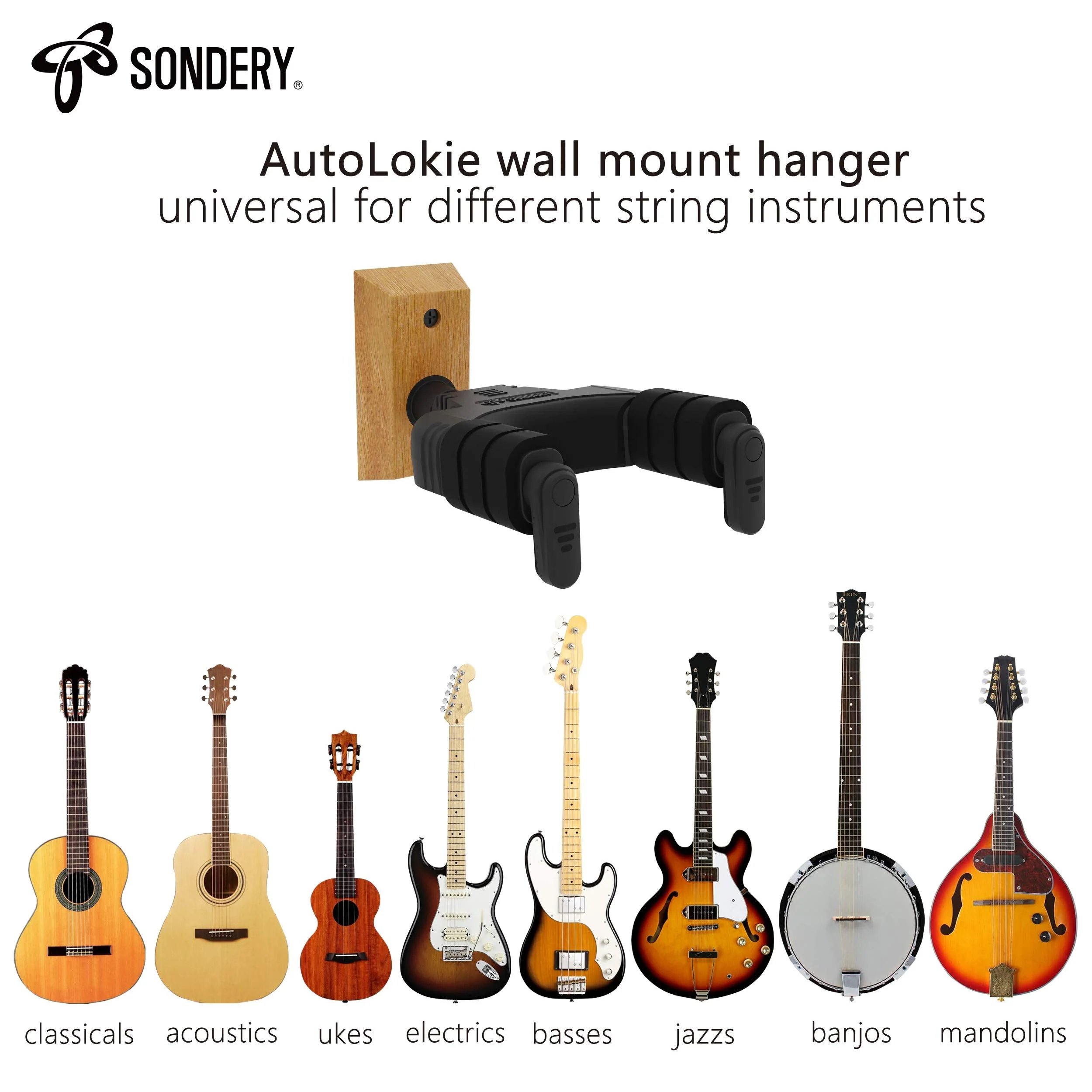 Sondery Guitar Hanger Wall Mount, Auto Lock and Adjustable Hook Holder for Acoustic and Electric Guitar, Ukulele, Bass, Banjo and Mandolin (W 2 PACK) - Image 9
