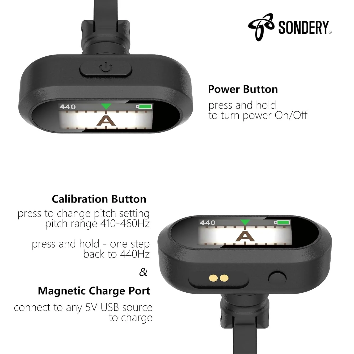 Sondery Guitar Ukulele Tuner Clip On Rechargeable, Easy to Read Simple TFT Screen Extremely Fast and Accurate Tuning, Headstock Chromatic Tuner Pitch 410-460Hz, Perfect for Any Lighting - Image 2