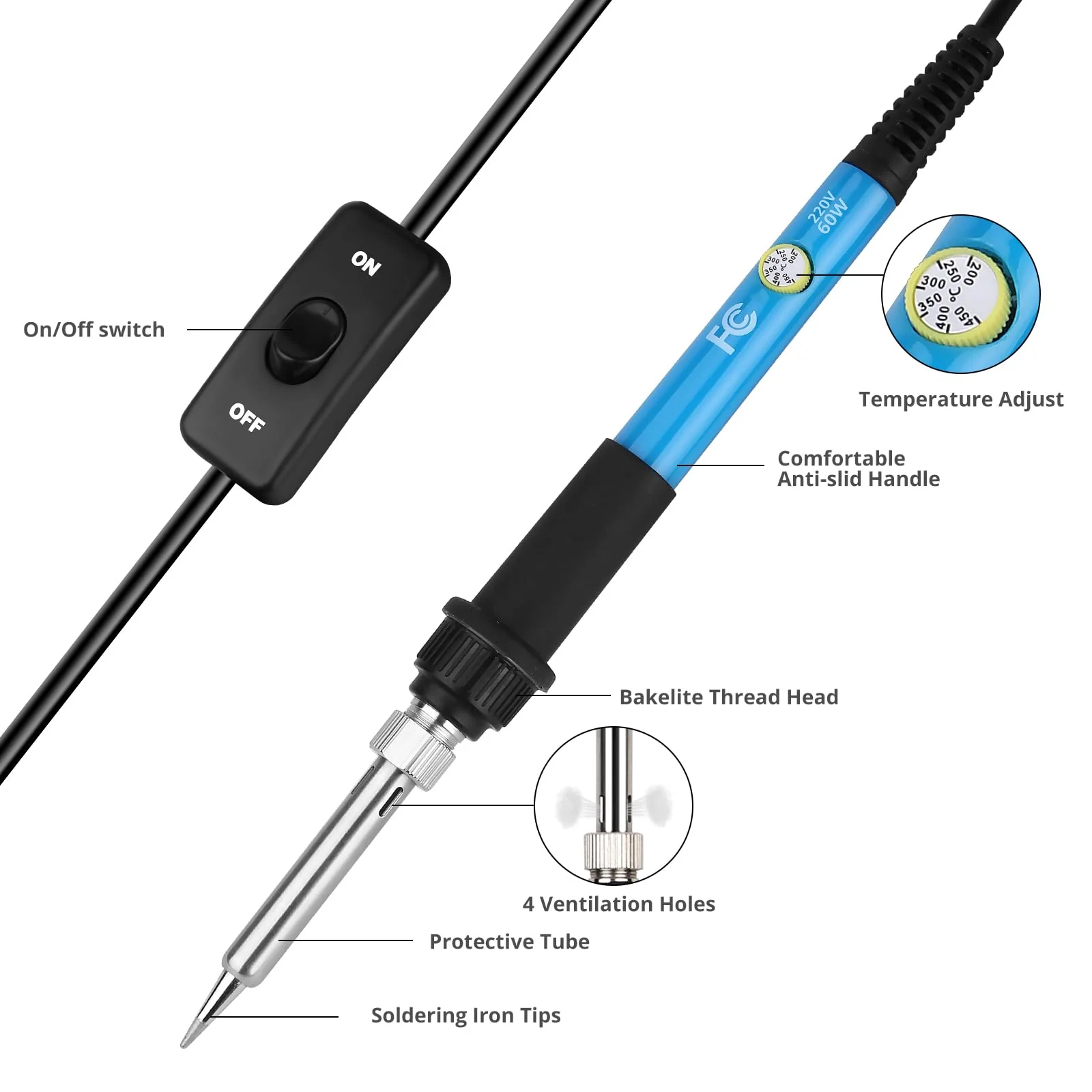 Sondiko Soldering Iron Set, 60 W/220 V Soldering Iron with Adjustable Temperature, On/Off Switch, 5 Interchangeable Tips for Soldering, Wood Engraving, Hot Cutting, Pyrography, Soldering Set for Sondiko 14-in-1 Soldering Iron Set - Image 2