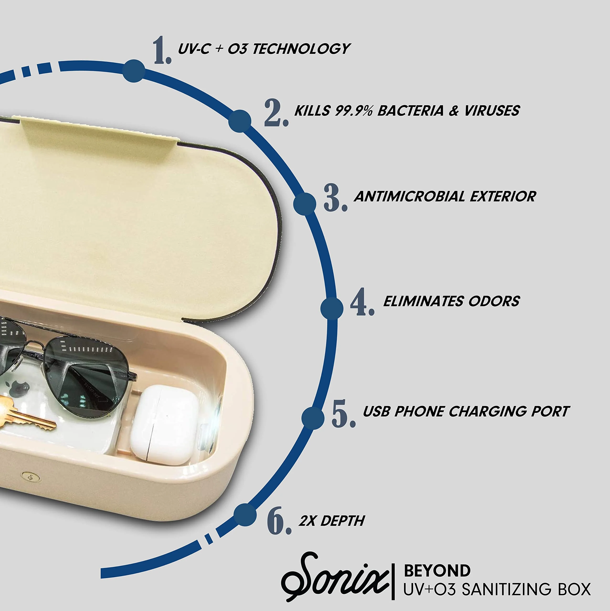 Sonix Beyond UV+O3 Sanitizer Box and Universal Charger UV and Ozone Disinfector for Phone, Mask, Makeup Brush, Nail Tool (Gold) Gold - Image 2