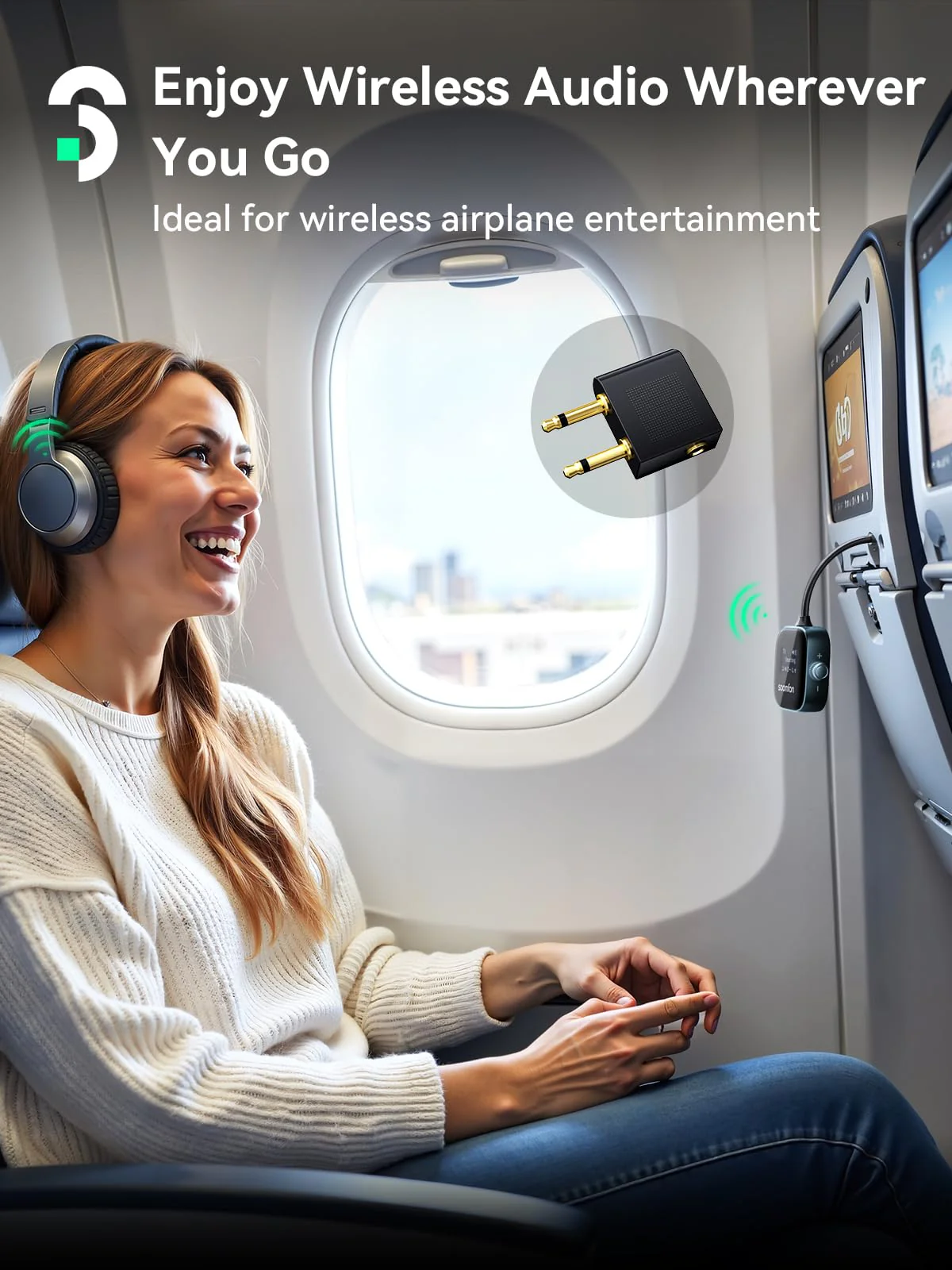 SOOMFON Airplane Bluetooth 5.3 Transmitter for 2 Airpods or Headphones 2-in-1 Airplane Bluetooth Adapter Receiver with LCD Display 3.5mm for Plane Flying Gym Car Home Stereo System - Image 2