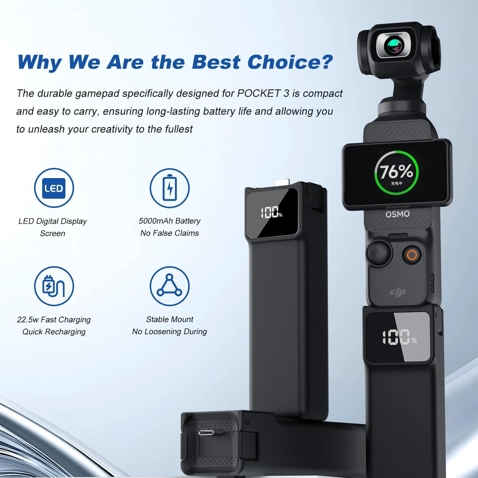 Soonpho 5000mAh Battery Handle for DJI Osmo Pocket 3,LED Digital Display,22.5W Fast Charging Battery Grip with 1/4" Thread for Vlogging,Travel,YouTube,Live Streaming Set B - Image 2
