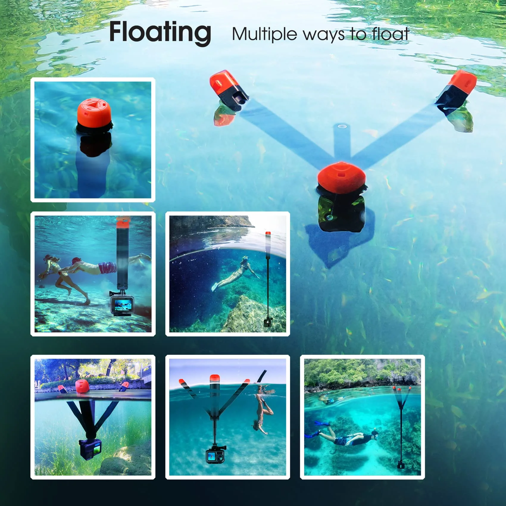 SOONSUN 4in1 Floating Selfie Stick Tripod for GoPro Hero 13 12 11 10 9 8 7 6 5 4 3 Session Max, AKASO, SJCAM Action Camera - As Waterproof Extension Monopod Pole Floating Handle Grip Tripod Stand Red - Image 3