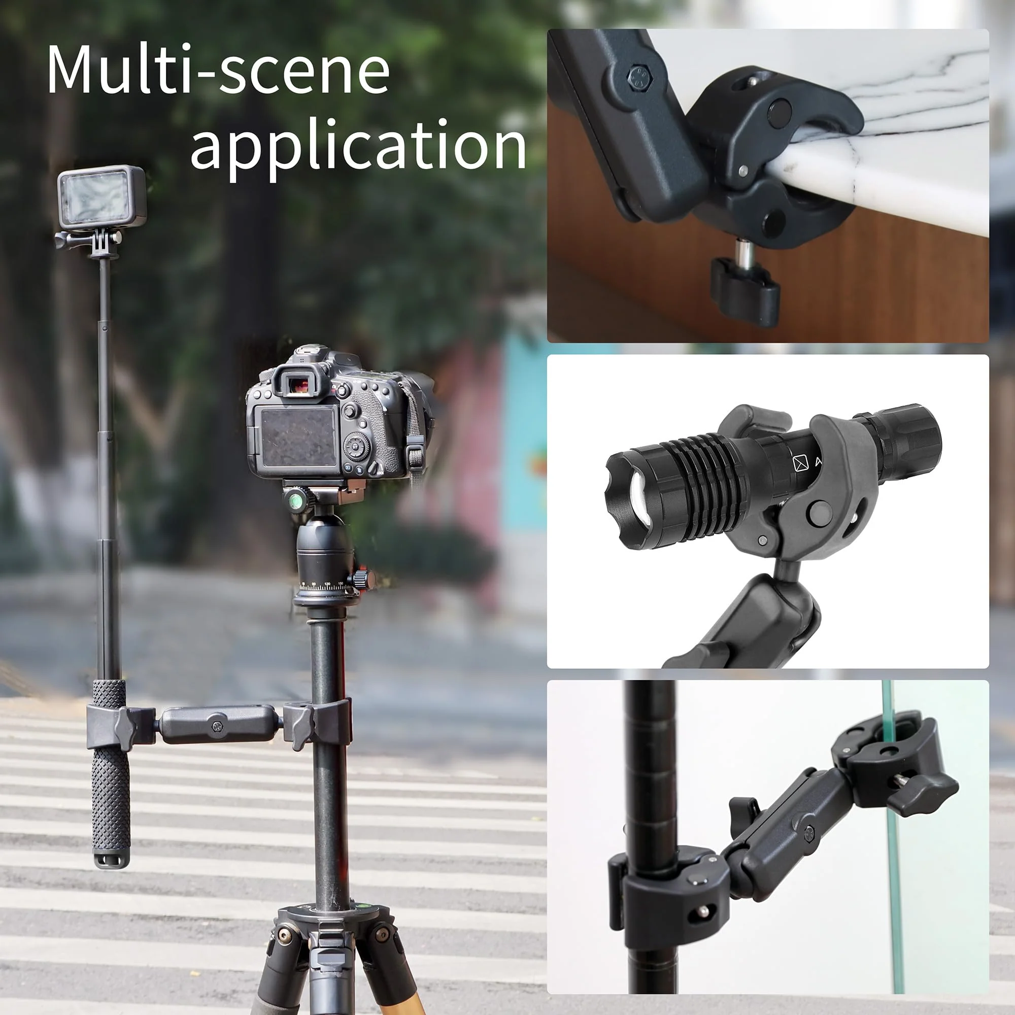 SOONSUN Double Super Clamp Camera Mount, Umbrella Clamp for Chair, Desk, Stroller, Wagons, Tripod, Pole, Light Stand, Cross Bar, Golf Cart, Motorcycle, Boom Stand, with 360° Magic Arm for Photography - Image 6