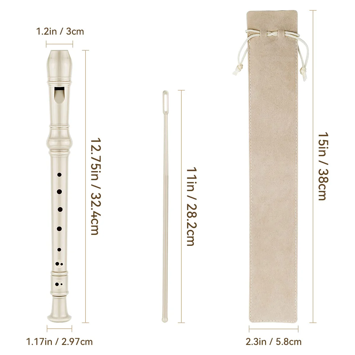 Soprano Recorder C Key 8 Holes 3-Piece German style Baroque Fingering Recorder Instrument with Cleaning Rod and Storage Bag, for Beginners Kids students((2 Set Beige) 2 Set Beige - Image 2
