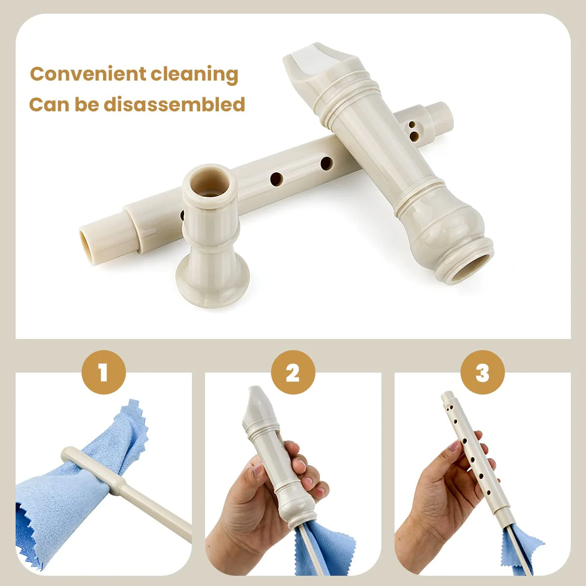 Soprano Recorder C Key 8 Holes 3-Piece German style Baroque Fingering Recorder Instrument with Cleaning Rod and Storage Bag, for Beginners Kids students((2 Set Beige) 2 Set Beige - Image 6