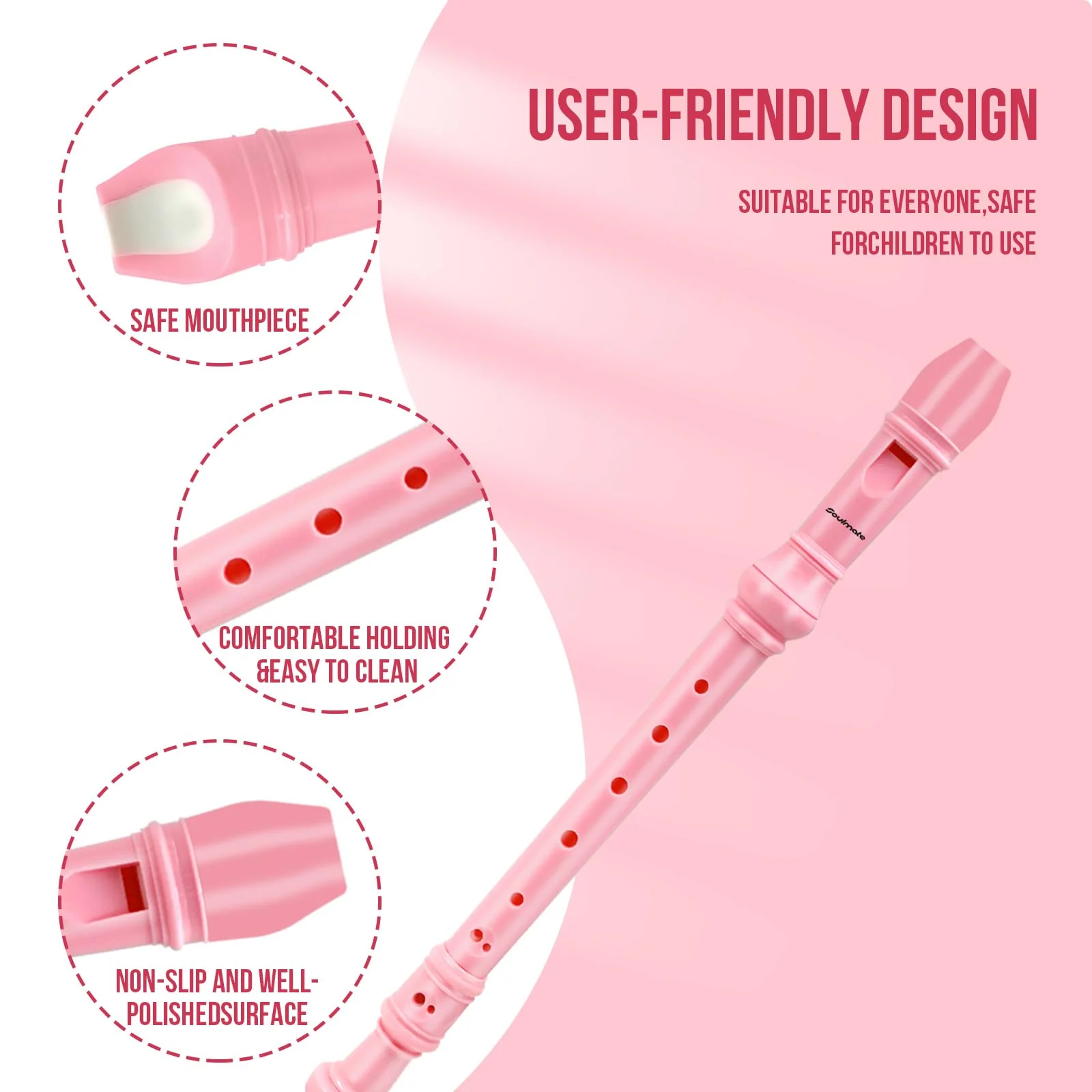 Soulmate Recorder Instrument for Kids Toddler Beginners Students German Style C Key Soprano Recorder Instrument 8 Holes 3 Piece ABS Descant Recorders with Cleaning Kit, Packing Bag (Pink) Pink - Image 3