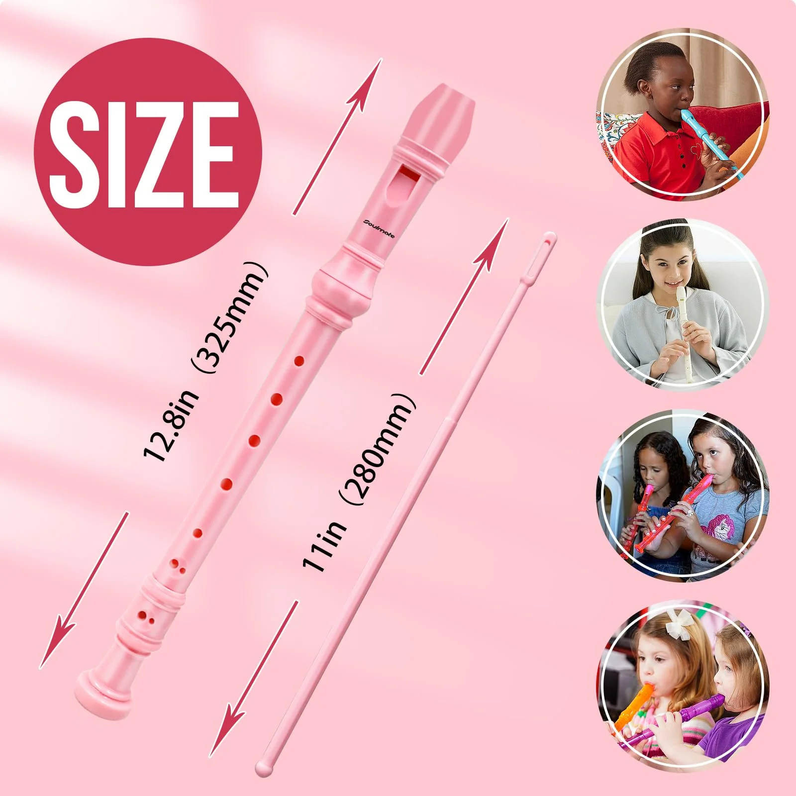 Soulmate Recorder Instrument for Kids Toddler Beginners Students German Style C Key Soprano Recorder Instrument 8 Holes 3 Piece ABS Descant Recorders with Cleaning Kit, Packing Bag (Pink) Pink - Image 4