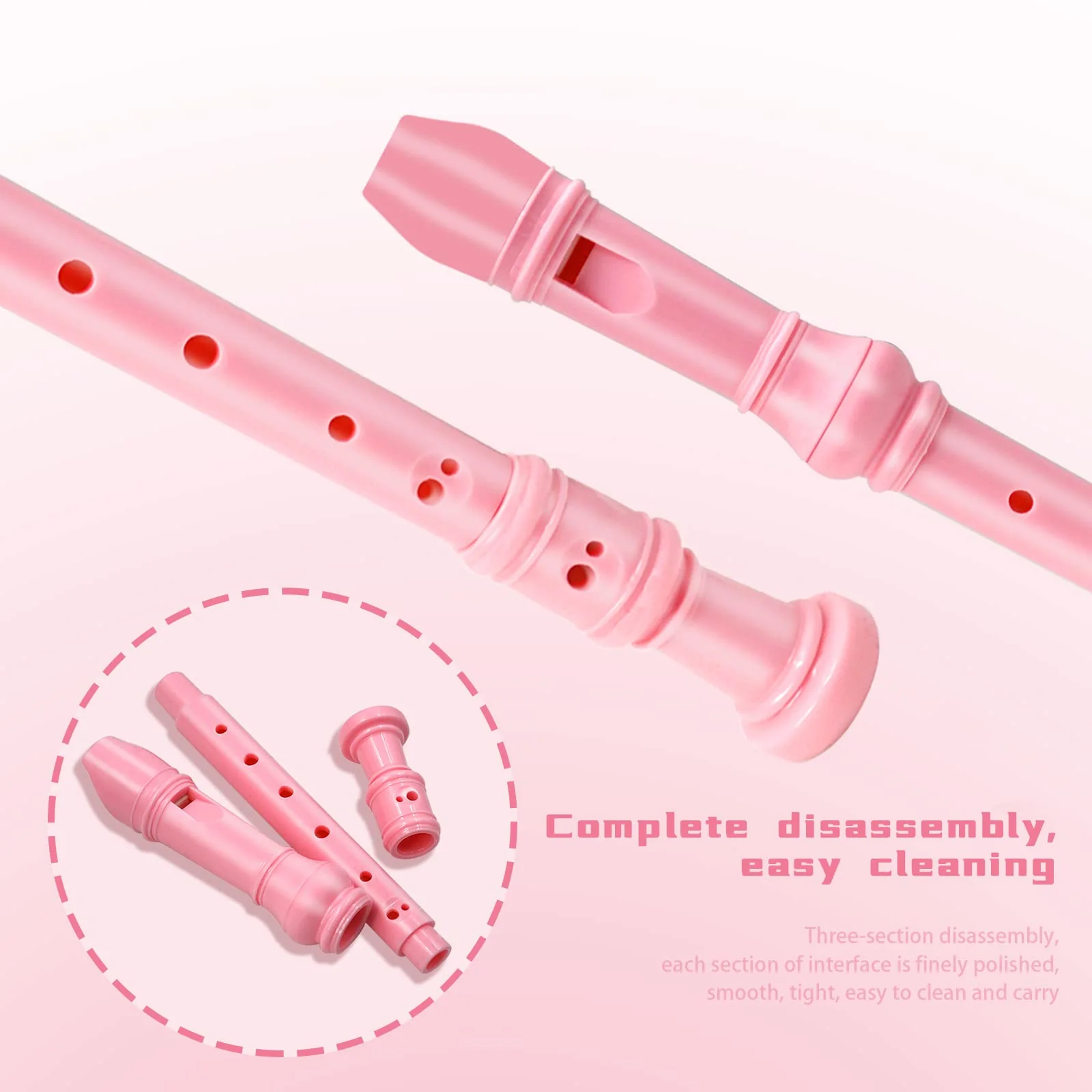Soulmate Recorder Instrument for Kids Toddler Beginners Students German Style C Key Soprano Recorder Instrument 8 Holes 3 Piece ABS Descant Recorders with Cleaning Kit, Packing Bag (Pink) Pink - Image 6