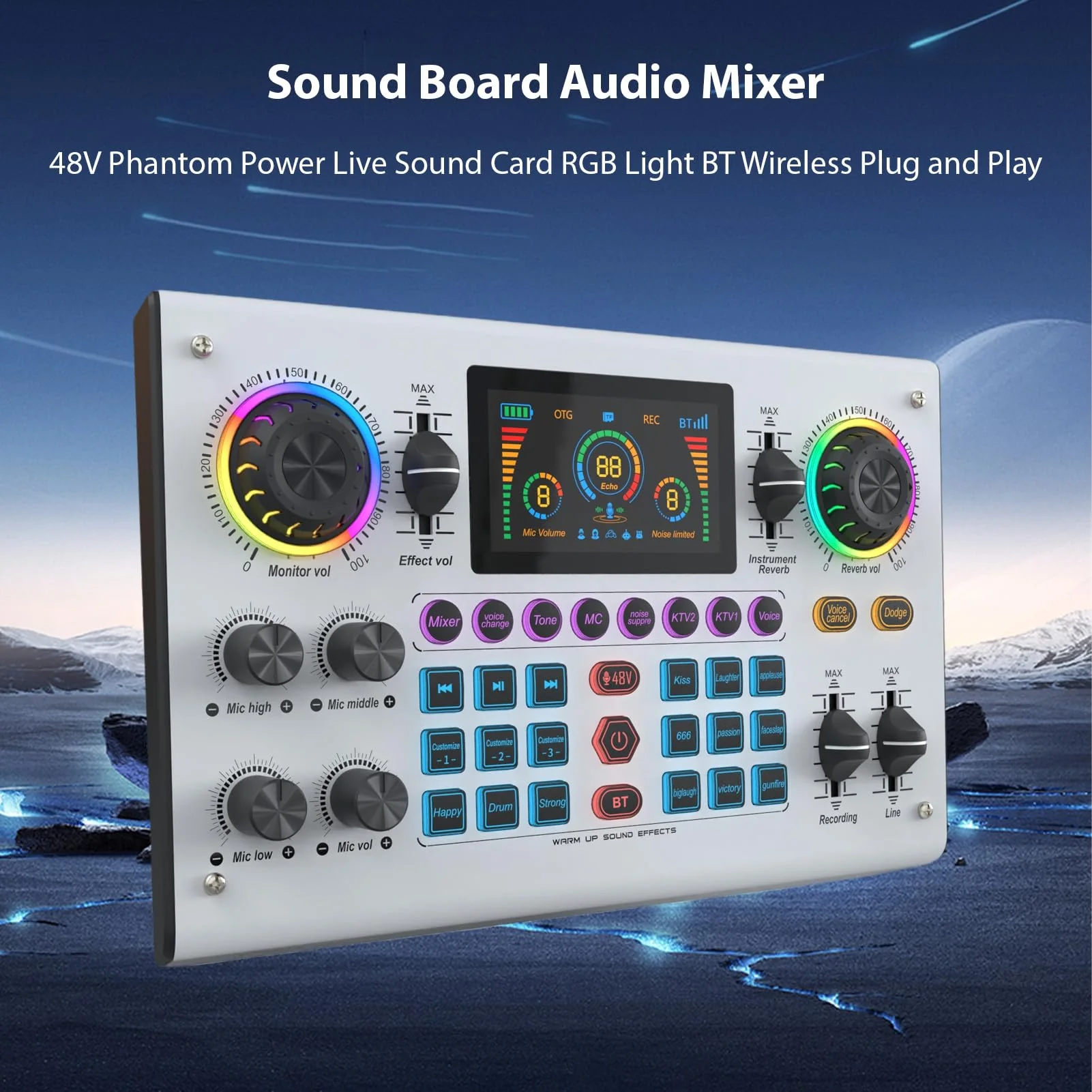 Sound Board Audio Mixer 48V Phantom Power Live Sound Card RGB Light BT Wireless Plug and Play for Live Streaming Podcasting Recording Content Create Gaming Rechargeable - Image 2