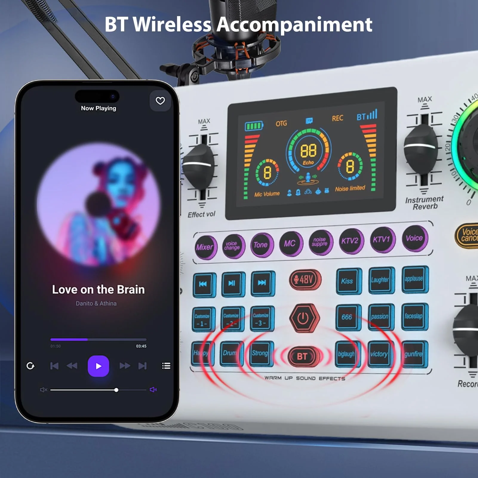 Sound Board Audio Mixer 48V Phantom Power Live Sound Card RGB Light BT Wireless Plug and Play for Live Streaming Podcasting Recording Content Create Gaming Rechargeable - Image 6