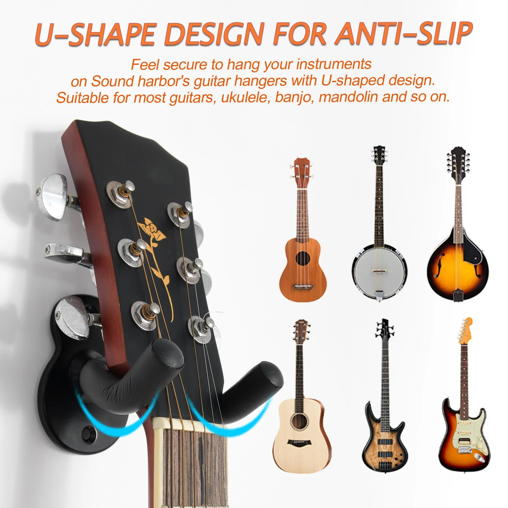 Sound harbor Guitar Wall Mount 5 Pack Wall Hangers for for Acoustic Electric Bass Guitar and More 5Pack Hanger - Image 4