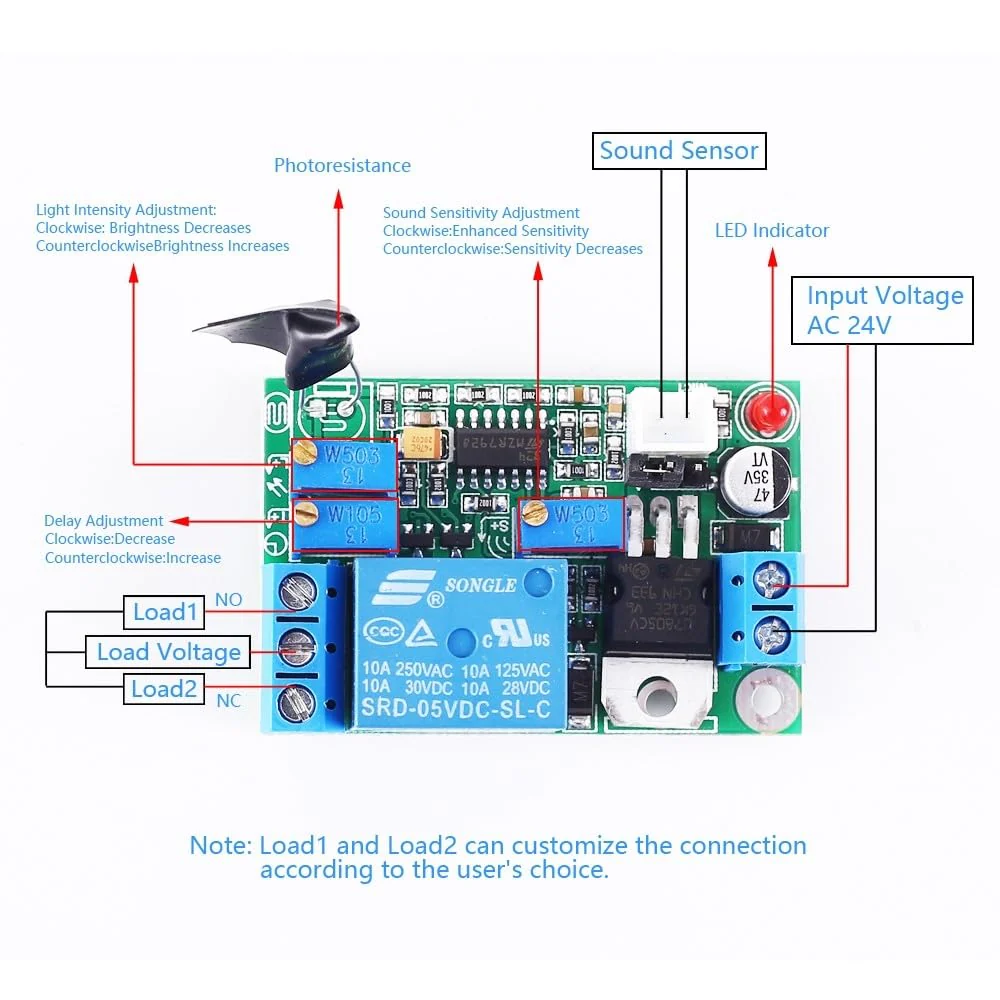 Sound Sensor Relay Switch Module, 12V/24V Microphone Light Sensor Controller Module 3s~60s Adjustable Relay Delay Switch Module - Image 3