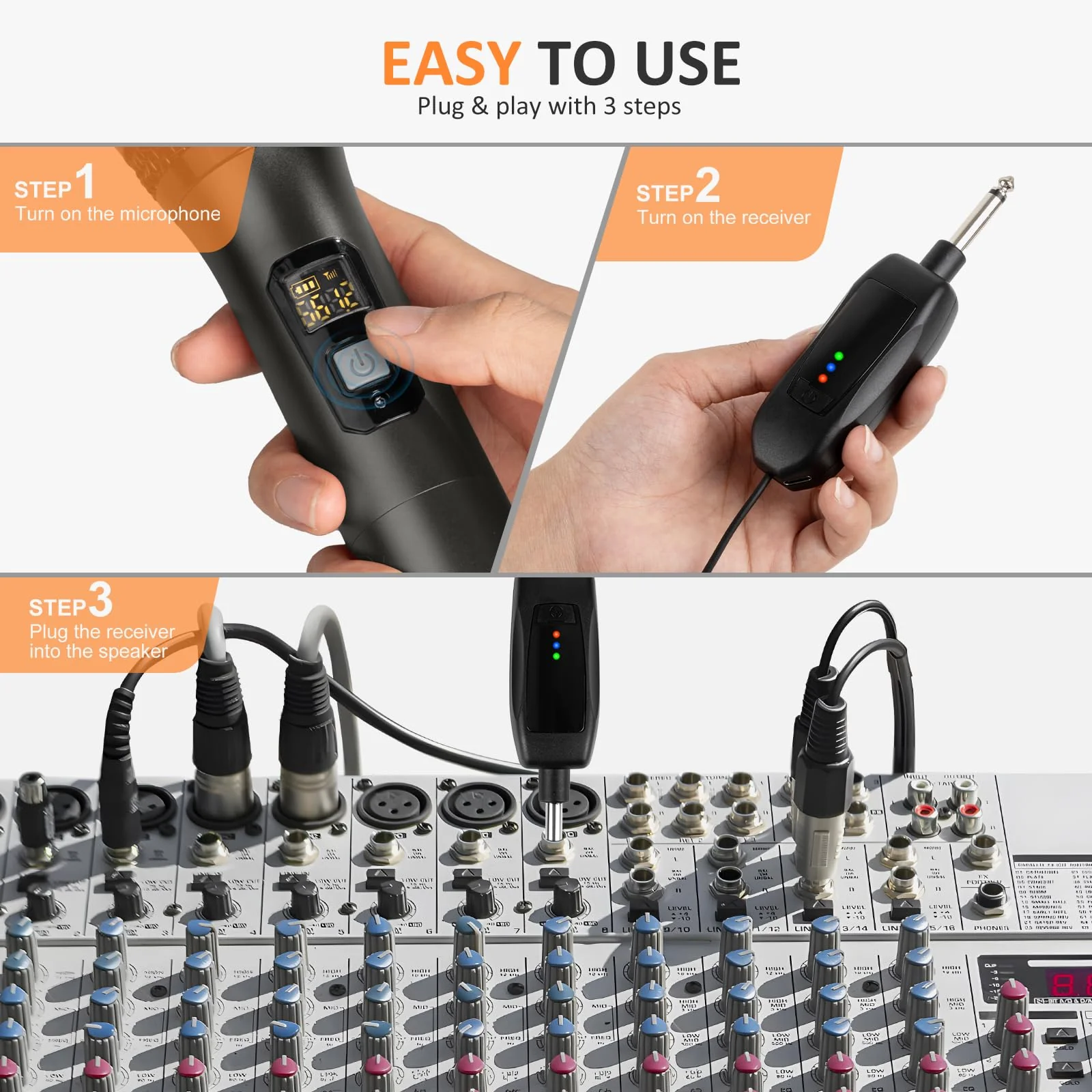 Soundgeek Wireless Microphone UHF Metal Dual Handheld Mic with Rechargeable Receiver 200ft Range, Microphone for Singing, Karaoke, Church, Speech, Wedding, Party Singing (1 Mics, Gray) 1 - Image 5