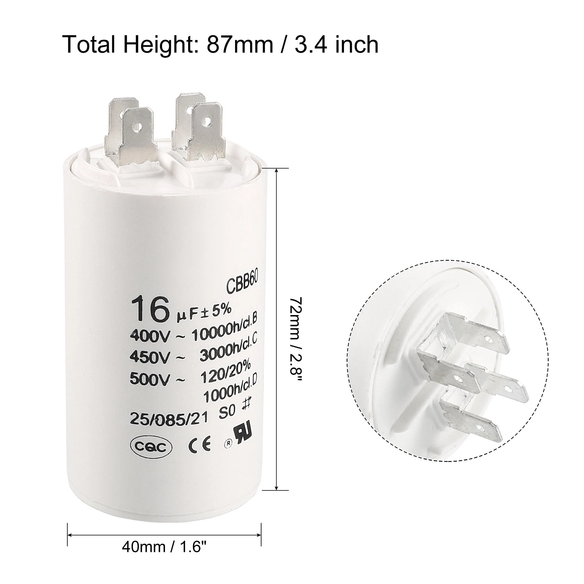 sourcing map CBB60 Operating Capacitor 16uF 450V AC Double Insert 50/60Hz Cylinder 75 x 37 mm White for Air Compressor Water Pump Motor - Image 2