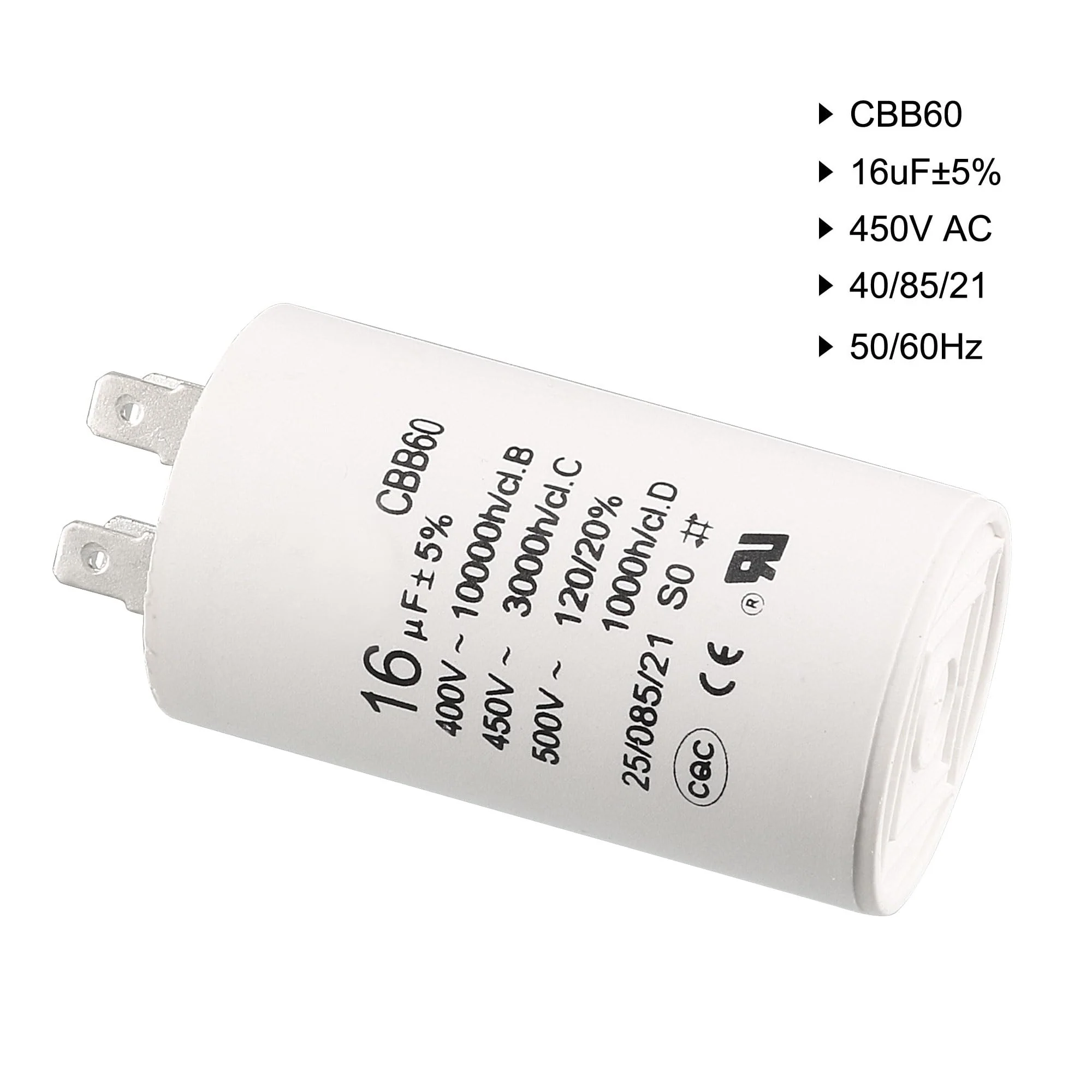 sourcing map CBB60 Operating Capacitor 16uF 450V AC Double Insert 50/60Hz Cylinder 75 x 37 mm White for Air Compressor Water Pump Motor - Image 3