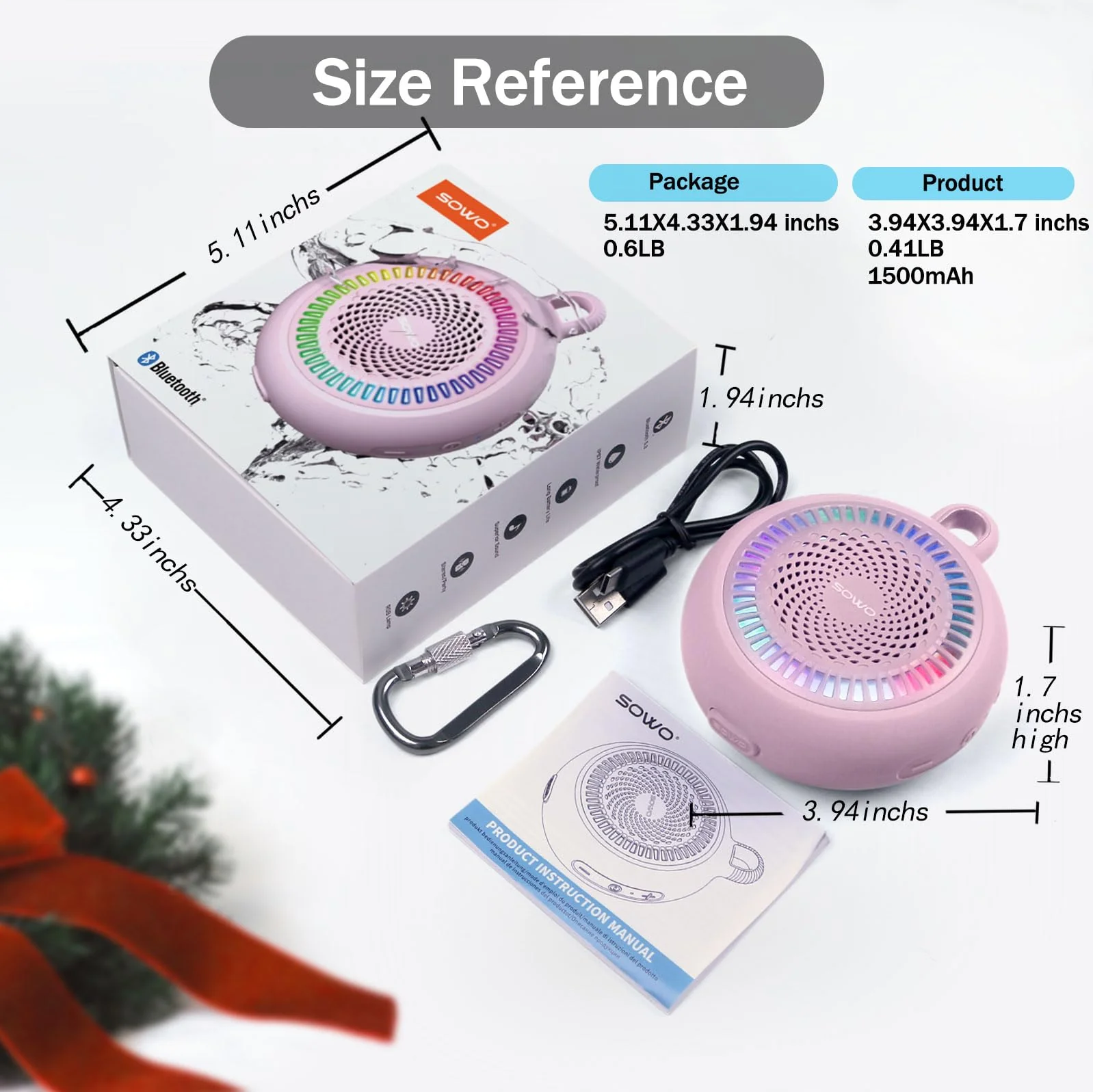SOWO Small Waterproof Speaker Bluetooth Portable Wireless - Clip Speaker for Shower - Powerful Bass and Louder Volume - Colorful Lights and Lightweight for Travel,Kitchen,Pool - Pink - Image 7
