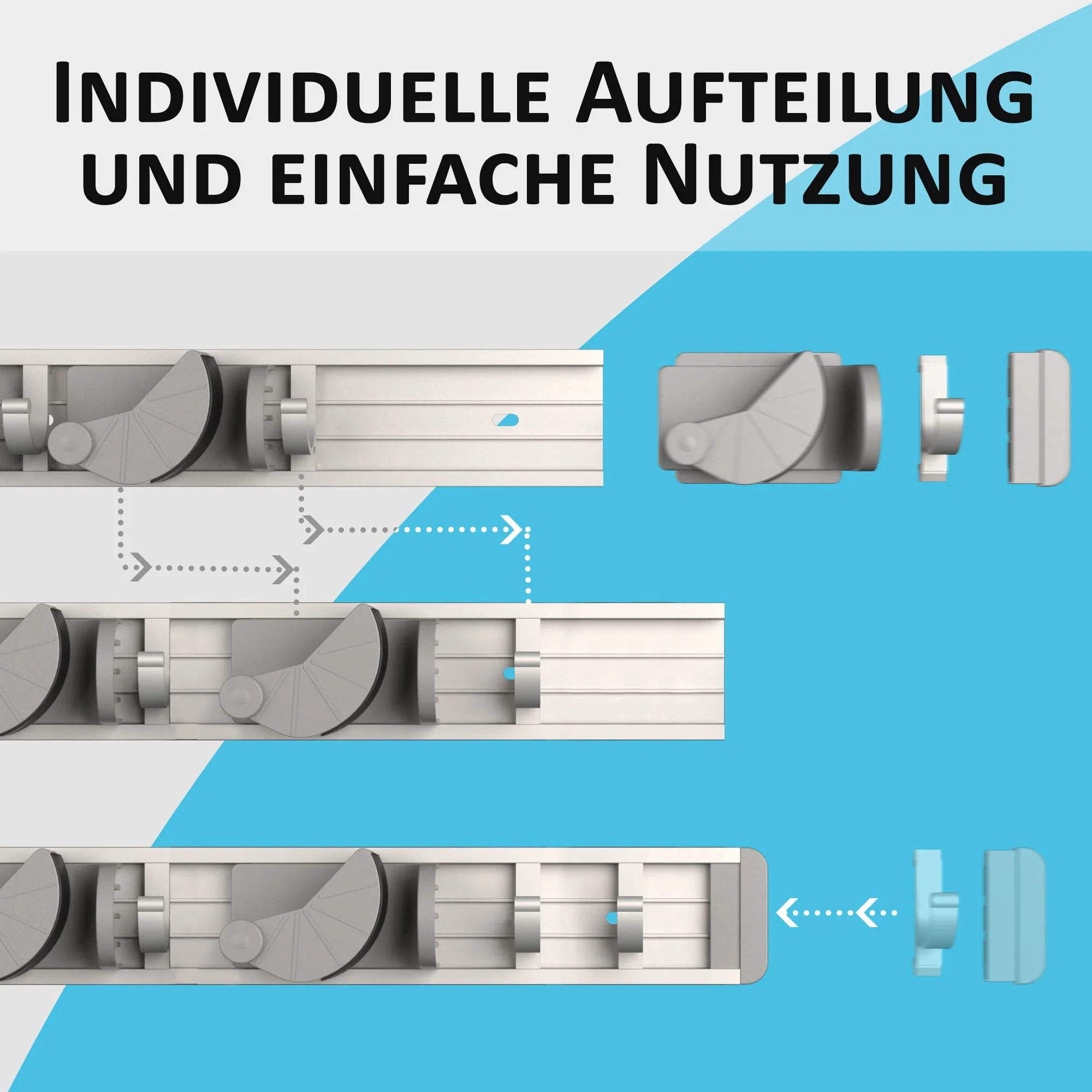 Space-saving tool holder [set of 2] - aluminium profile with 4 individually positionable brackets and 5 hooks [for brooms, garden tools, tools] - ideal in garage, workshop and garden - Image 3