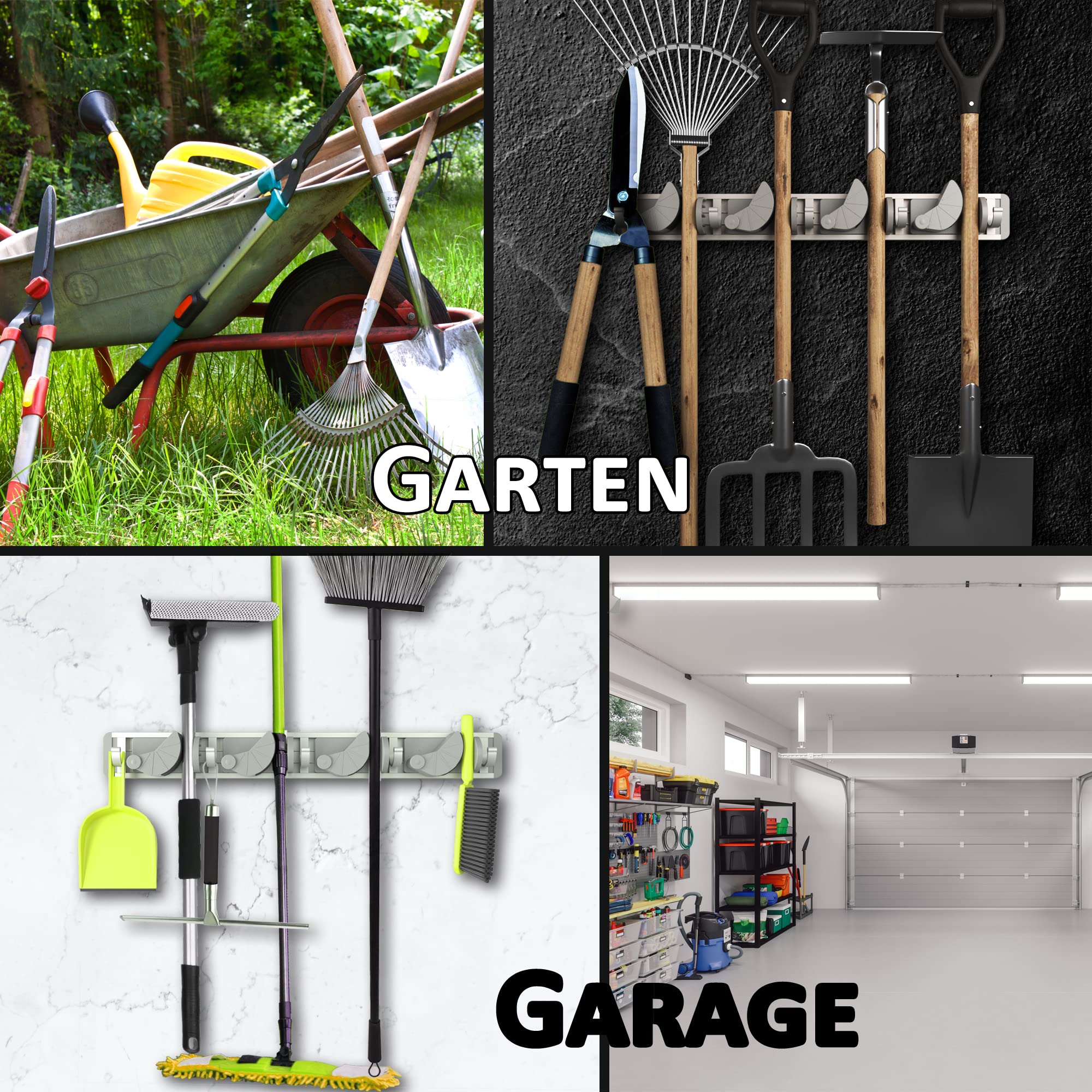 Space-saving tool holder [set of 2] - aluminium profile with 4 individually positionable brackets and 5 hooks [for brooms, garden tools, tools] - ideal in garage, workshop and garden - Image 5
