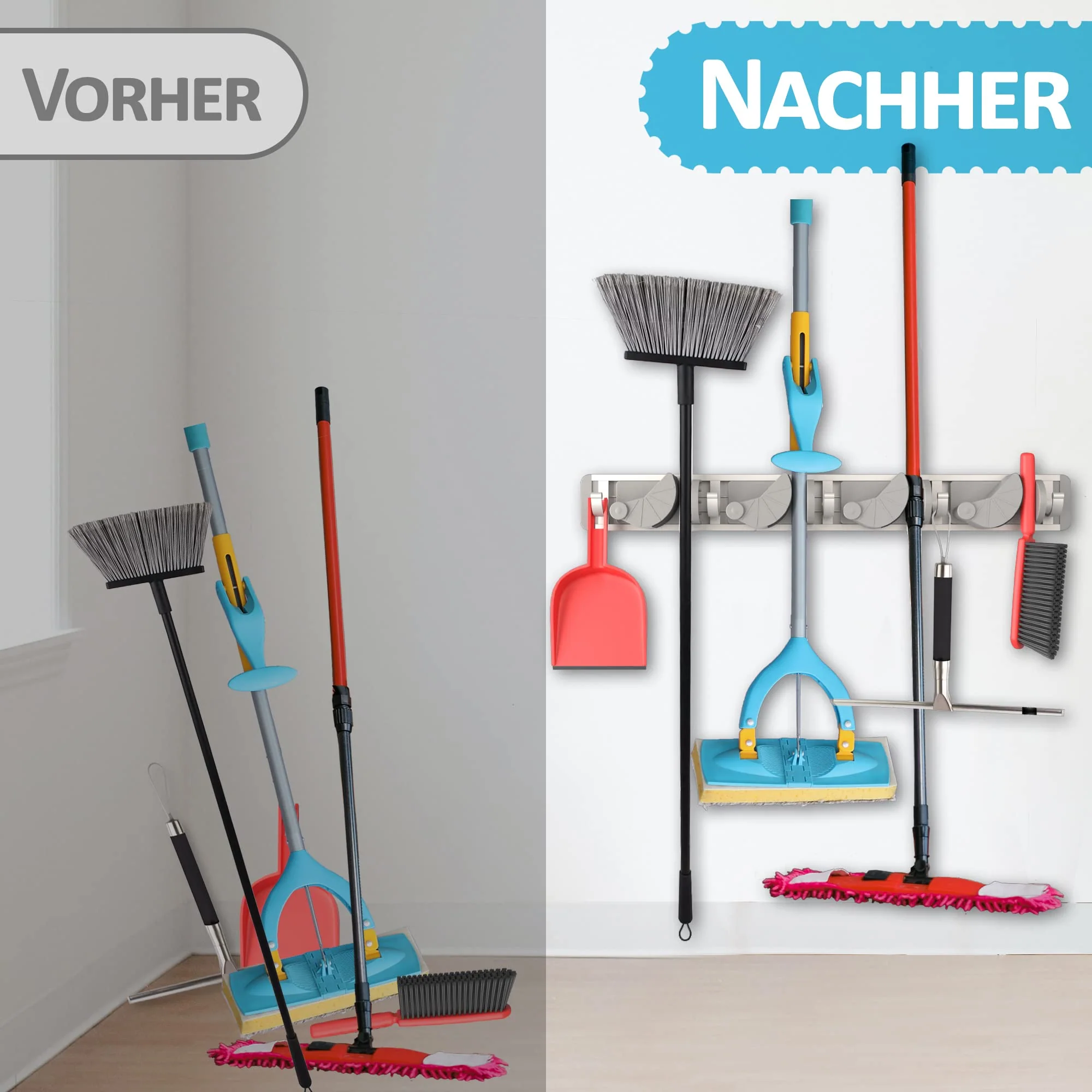 Space-saving tool holder [set of 2] - aluminium profile with 4 individually positionable brackets and 5 hooks [for brooms, garden tools, tools] - ideal in garage, workshop and garden - Image 7