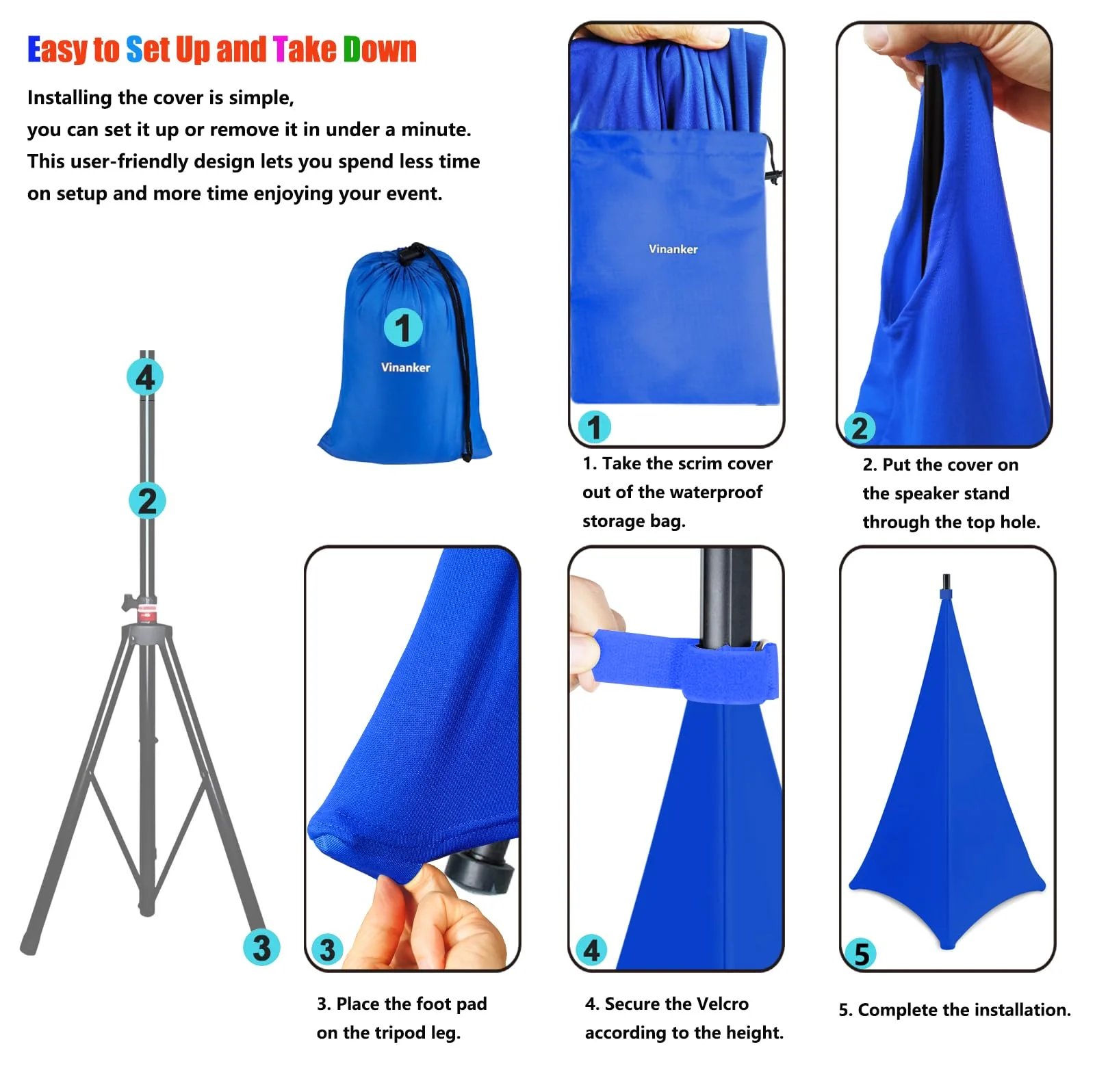 Speaker Stand Cover, Tripod Scrim Cover for Speaker & Lighting Stands, Ideal for Weddings, Banquets & DJ Events (2-Pack, Blue) 2-Pack, Blue - Image 5